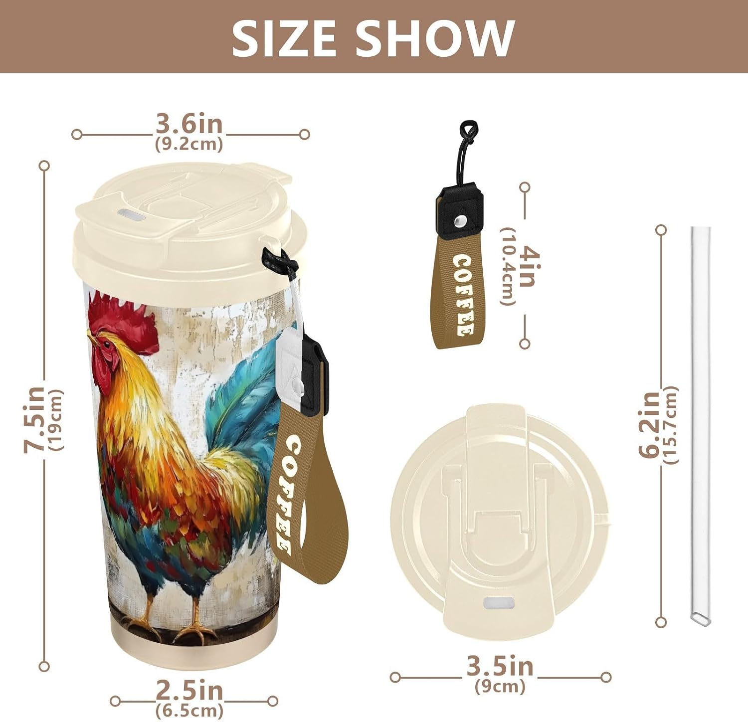 Rooster Colors Closeup Insulated Coffee Mug with Straw & Flip Lid, 16.9oz Iced Tumbler Cup, Double Wall Vacuum Mug for Travel Office