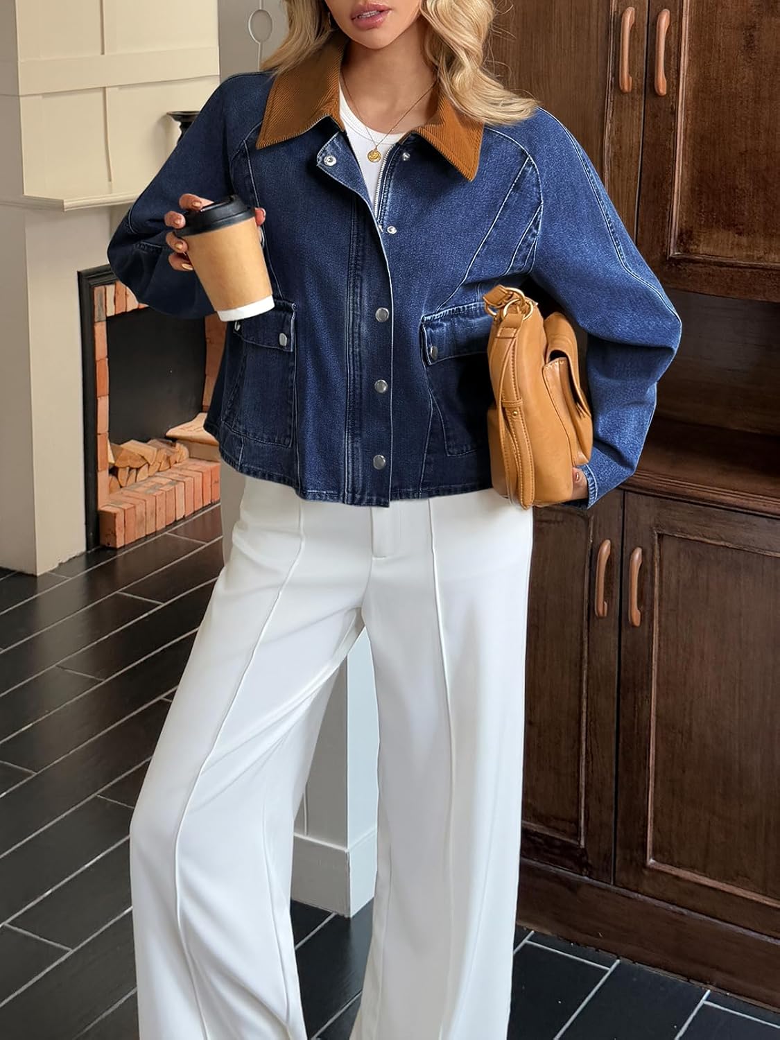 Cicy Bell Womens Cropped Denim Jacket Trendy Corduroy Collar Button Down Casual Barn Jacket for Women - Image 6