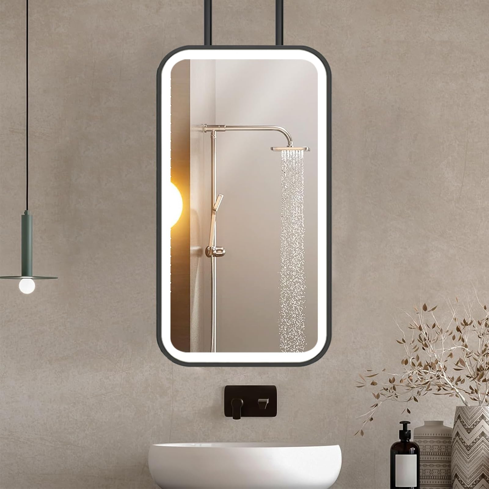FGXHHS Rectangle Ceiling Hanging Mirror，LED For Over Sink，Suspended Decorative Mirrors with Metal Rod Vanity for Home or Hotel(50cmx70cm)