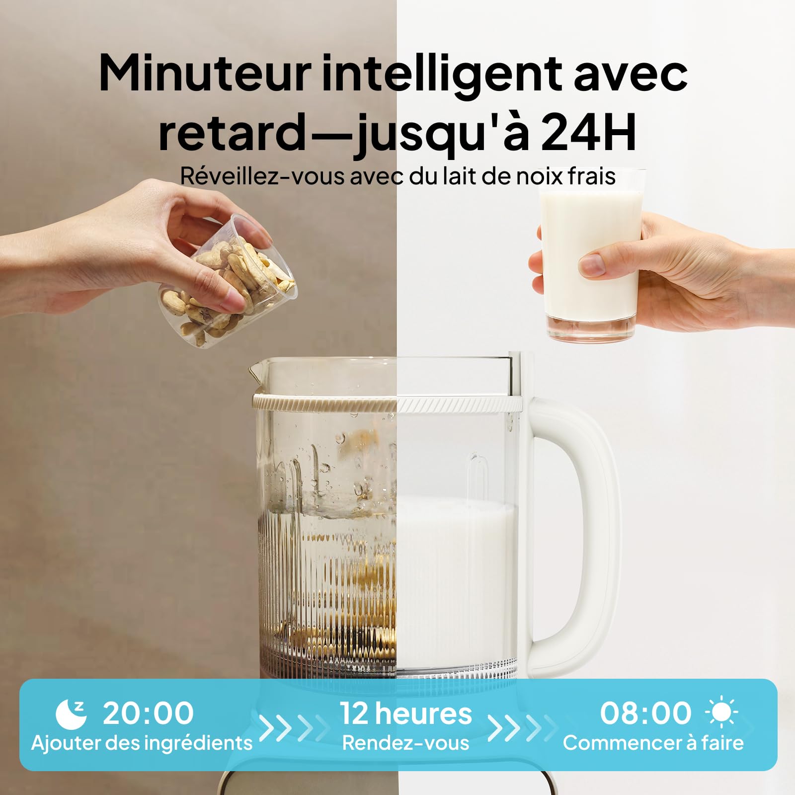 Machine à lait végétal 1,5 L 12‑en‑1,préparateur de lait de soja automatique,design détachable,lait d’amande/avoine & jus, départ différé 24 h, maintien au chaud,auto‑nettoyage,verrouillage sécurité