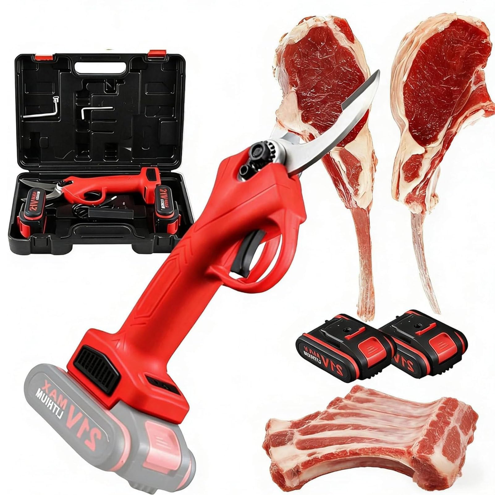 PioMue Electric Kitchen Scissors, Multifunctional Rechargeable Kitchen Bone Scissors with 2 * 21v Lithium Batteries, for Chicken, Meat, Fish, Seafood, Vegetables
