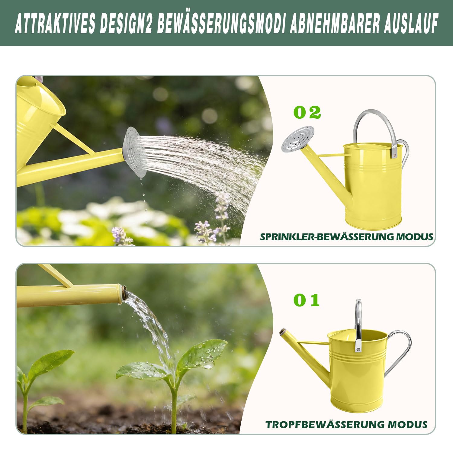 6,5L Metall-Gießkanne für Außen- & Zimmerpflanzen, verzinkte Stahl-Gießkanne mit abnehmbarem Ausguss, beweglichem Tragegriff, rostbeständigem Gießtopf für Garten, Rasen und Blumen