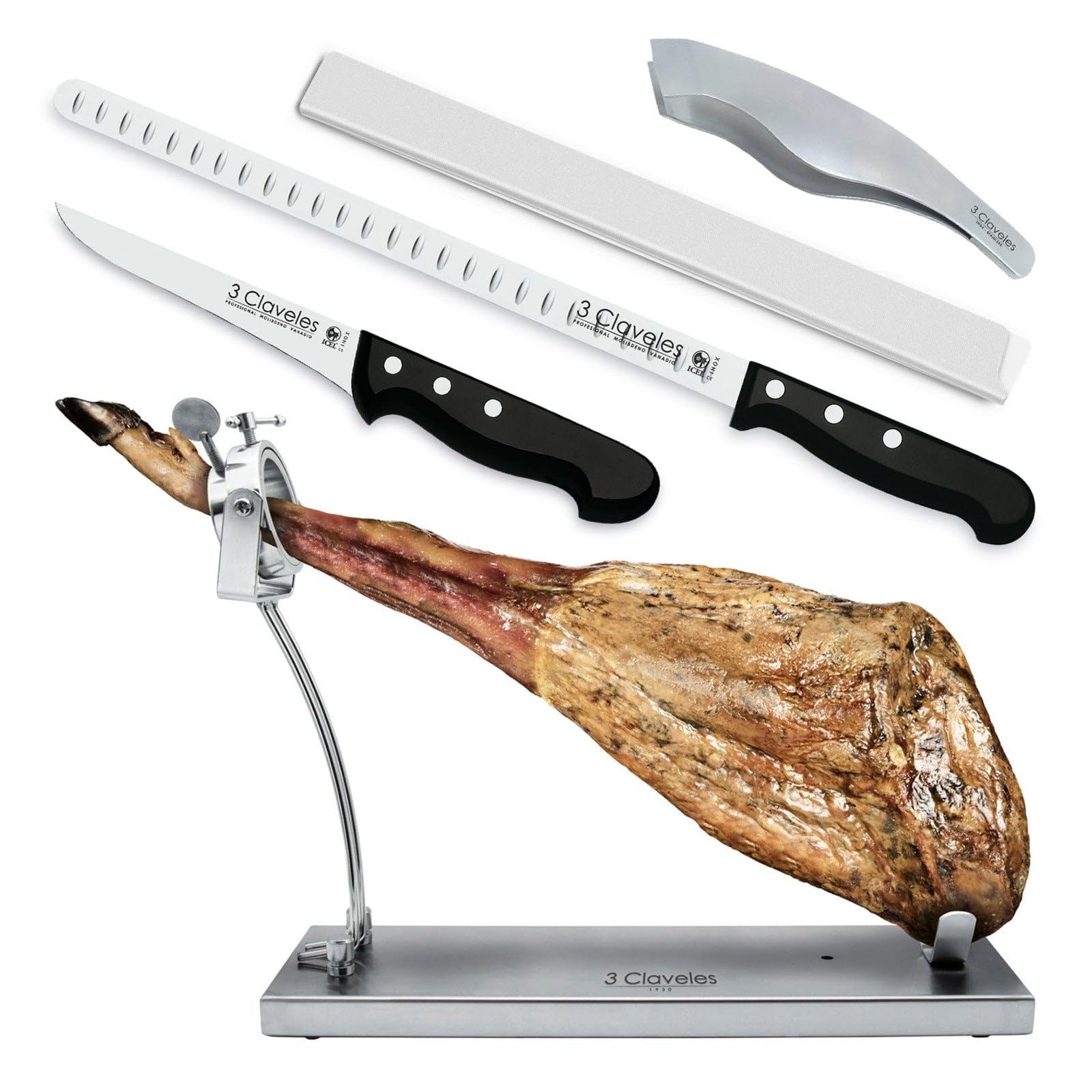 Juego Profesional de Soporte Jamonero Plegable en Acero Inoxidable y Cuchillos 3 Claveles, Funda y Chaira (TC01737K2)