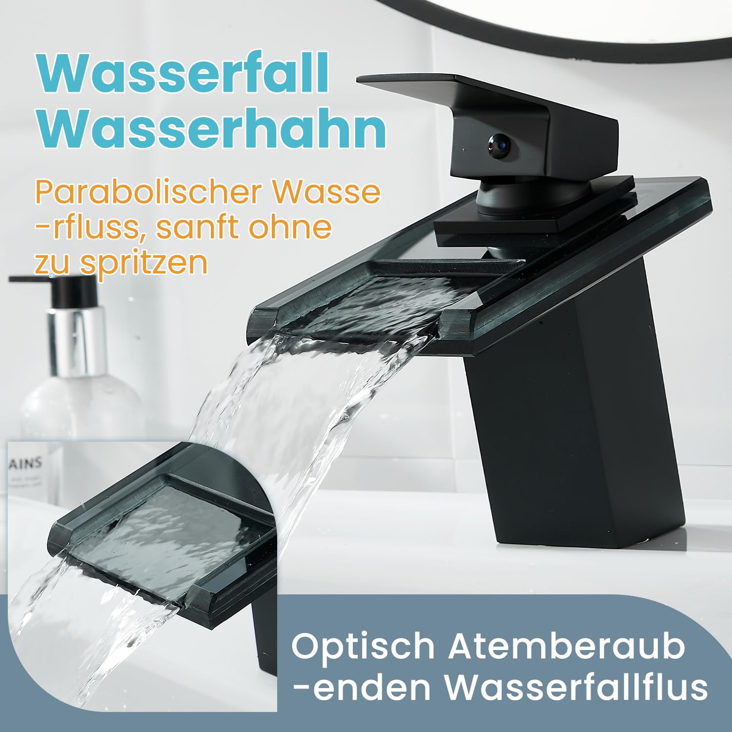 Wasserhahn Bad,Wasserfall Armatur Badezimmer Glas,Schwarz | Einhebel-Mischbatterie,Edelstahl Waschbeckenarmatur