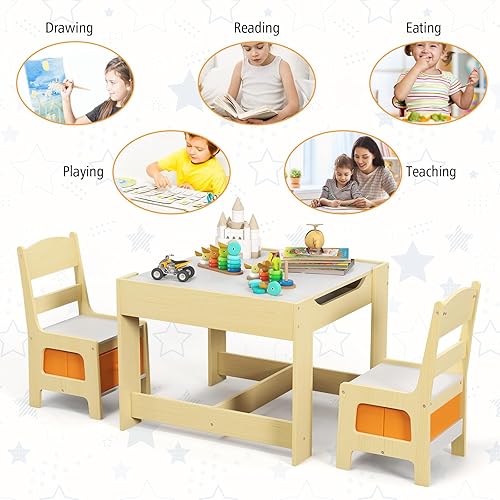Miniatura 5 de Costzon Kids Table and Chair Set, 3 in 1 Wooden Activity Table with Storage Drawer, Detachable Tabletop for Children Drawing Reading Art Craft,