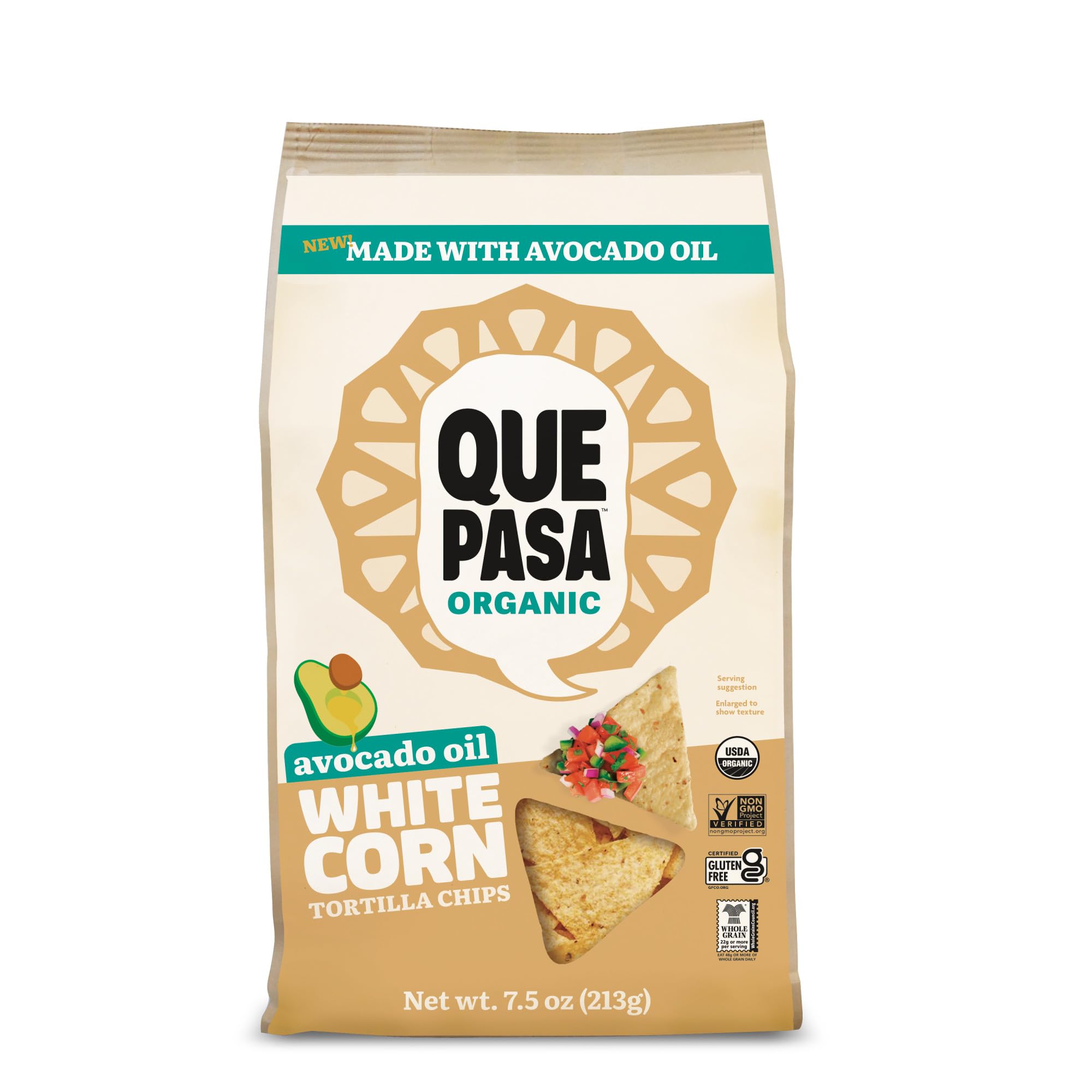 Que Pasa Organic Avocado Oil White Corn Tortilla Chips, 7.5 oz (Pack of 1), Gluten Free, Non-GMO, by Nature's Path