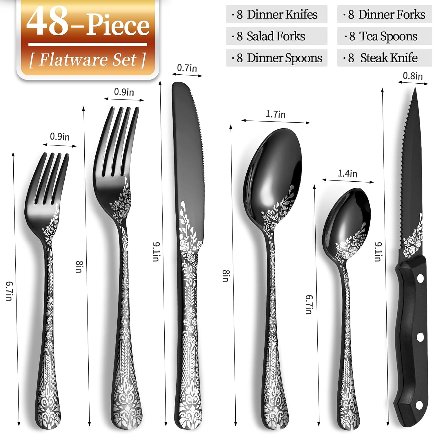 48-Piece Black Silverware Set with Steak Knife, Stainless Steel Flatware Cutlery Set Service for 8, Mirror Polished Tableware Eating Utensils Set for Home Kitchen, Dishwasher Safe