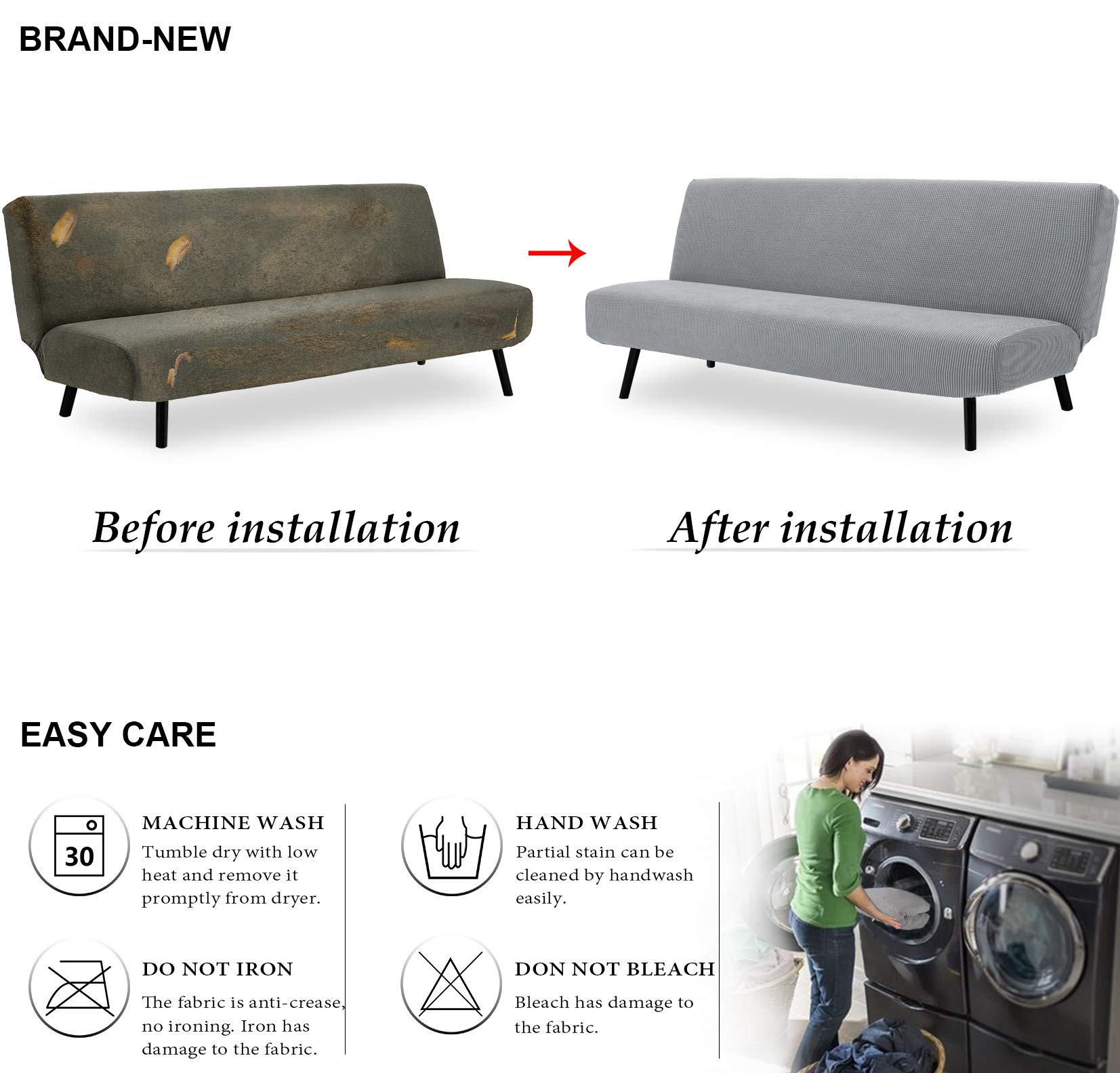 TIANSHU Copridivano Senza Braccioli, Copridivano 3 Posti Senza Braccioli Elasticità Jacquard Antiscivolo Copridivano Clic Clac Pieghevole Regolabile (3Posti, Grigio Chiaro)