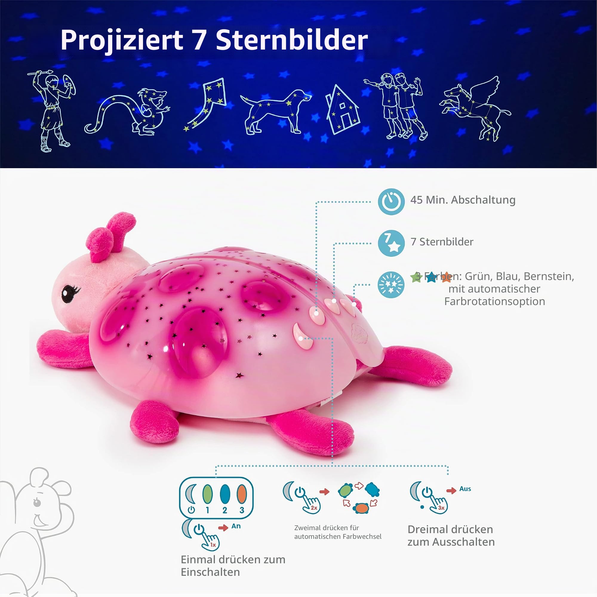 Cloud b Beruhigendes Nachtlicht Sternenprojektor | Sternenhimmel Projektor Kinder mit 3 Farben & 8 Sternbildern | Einschlafhilfe mit Auto-Off 45 Min | Ladybug Marienkäfer Pink