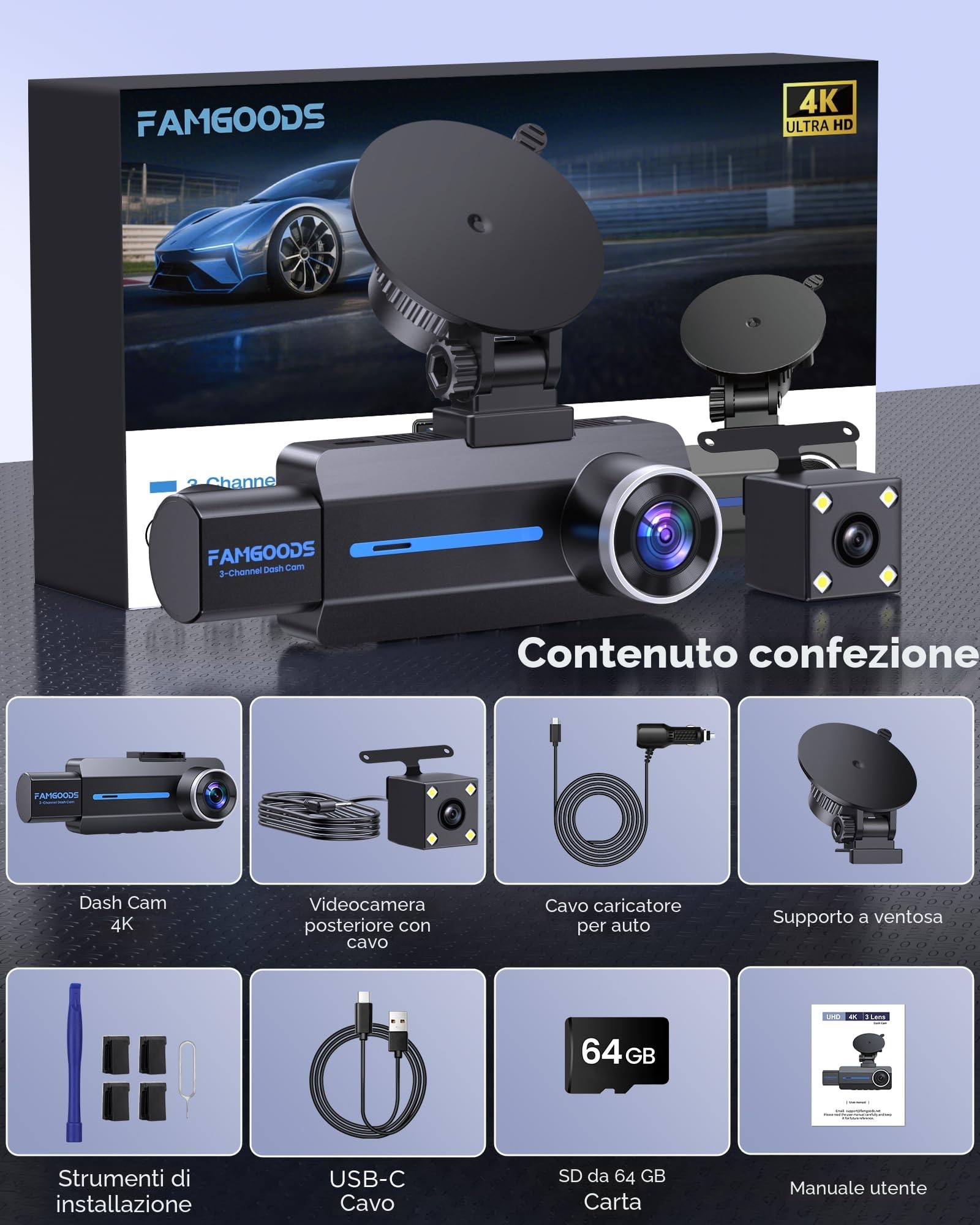 Famgoods Dash Cam Auto Fronte 4K, Retro, Interno, Dashcam Auto 360°, 3.16 "schermo IPS, scheda gratuita 64GB, Dashcam Auto 5GHz WiFi, APP, Visione Notturna Super, Sensore G, Registrazione Loop