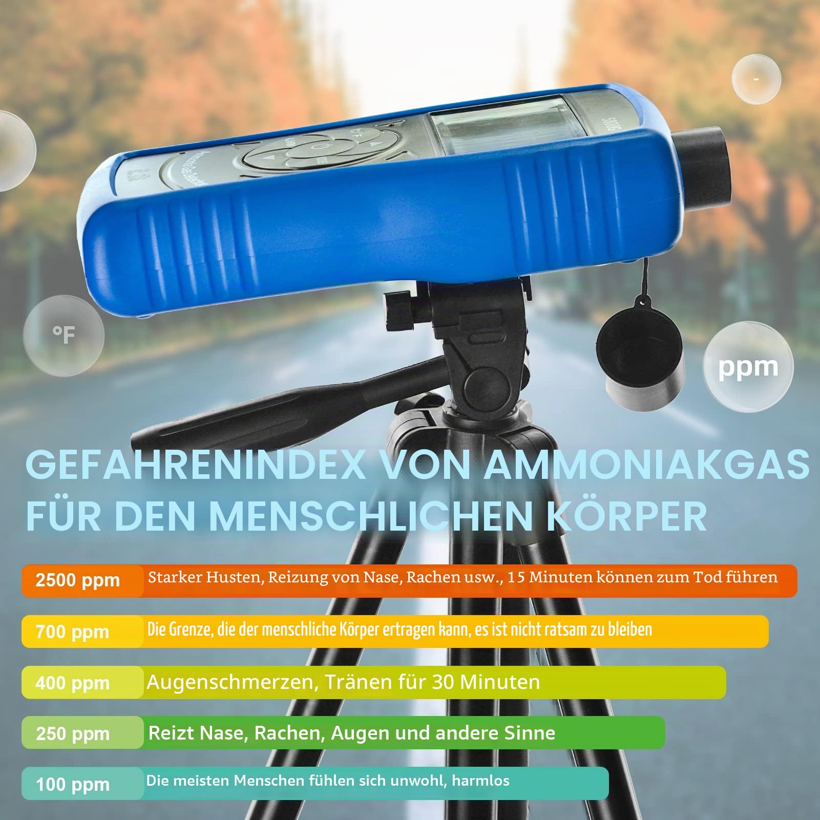 Tragbarer Ammoniak Gasdetektor, INFURIDER YF-5800G NH3-Gasmonitor mit akustischem und visuellem Alarm, 0~100 PPM Professionelles Ammoniakm Messgerät für Bauernhof, Schweine und Viehzucht