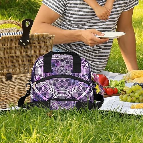 Miniatura 2 de Lonchera bohemia con mandala morada, bolsa aisladaenfriadora para mujeres, hombres, niñas, niños, flores étnicas, floral, bolsa de almuerzo con