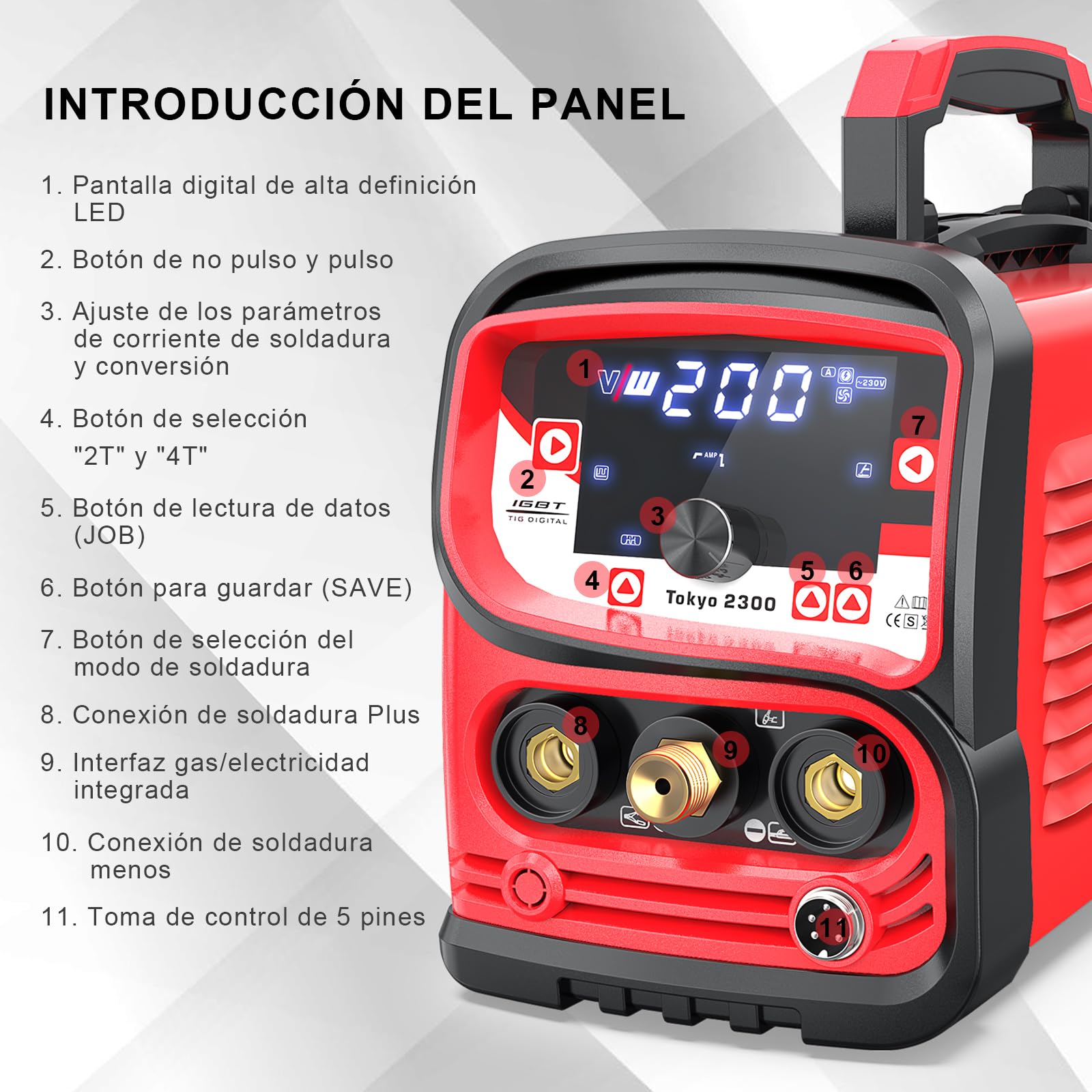 Máquina de soldadura Tig con 200 amp y función de soldadura por electrodo de 170 amp | Función de pulso - preflujo y postflujo de gas - subida y bajada de corriente - Tokyo 2300 de Vector Welding