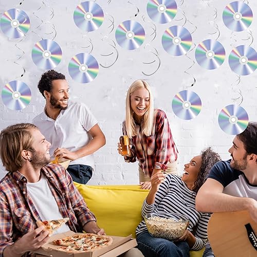 Miniatura 6 de Decoraciones de CD, Kaluofan 32 piezas de decoraciones de papel retro de los años 90, decoraciones de pared de CD iridiscentes para fiestas de