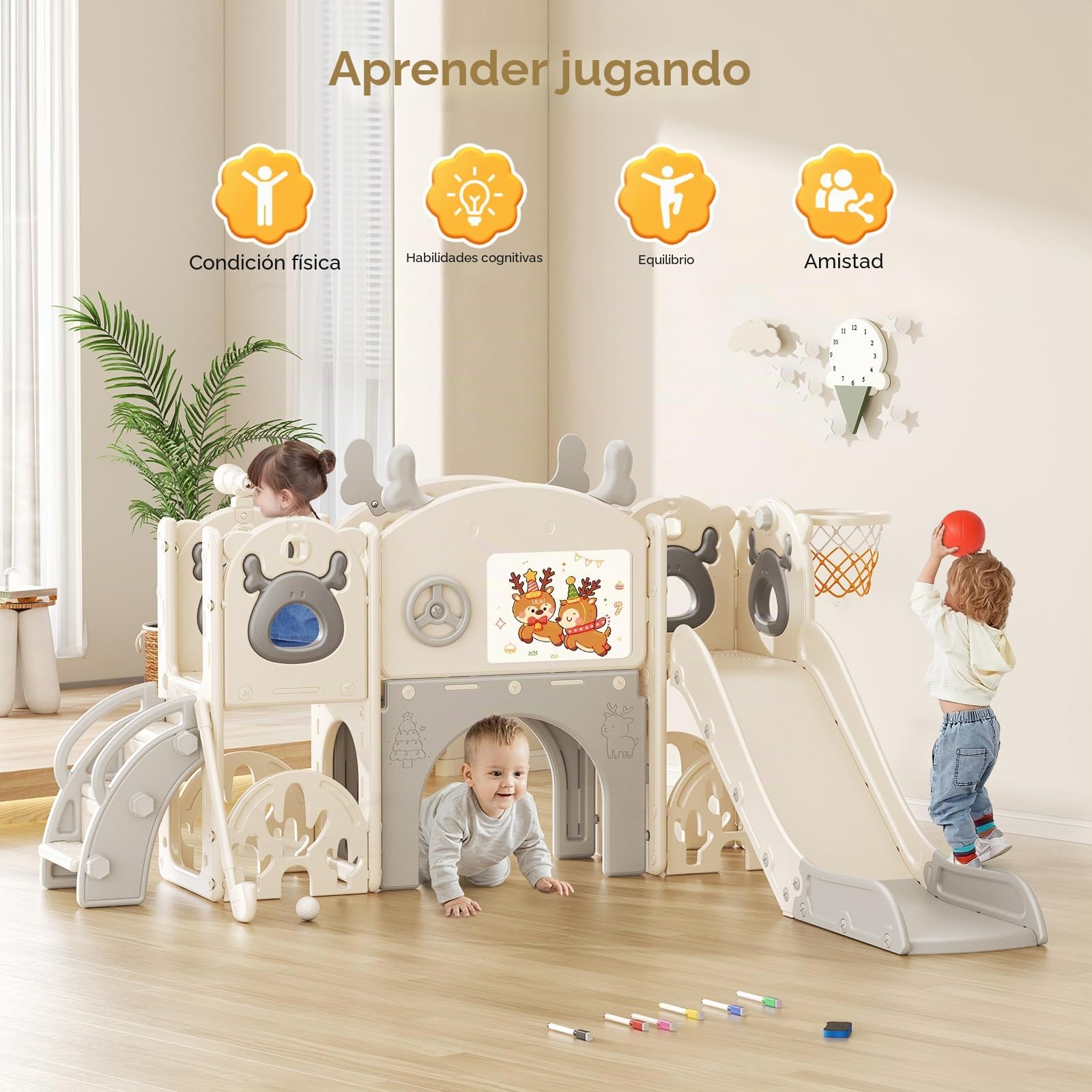 Tobogán Elk 11 en 1 con Canasta de Baloncesto, Golf, telescopio, Estructura para Escalar, tobogán Interior para niños, Juguetes Montessori para Parques Infantiles(Beige grisáceo)