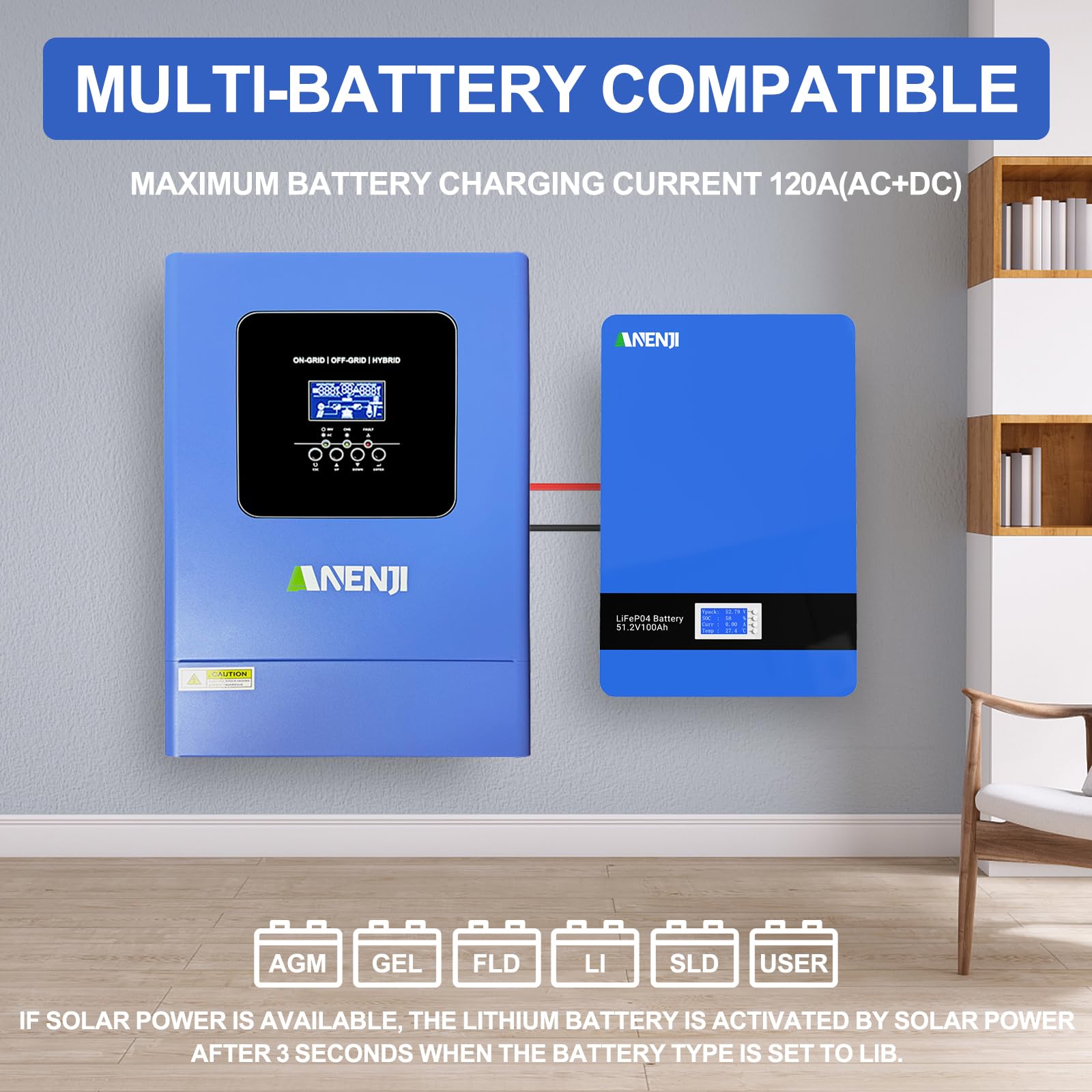 Inverter solare ibrido da 6200 W, singola fase e tree, 48 VDC a 230 VAC, inverter sinusoidale puro fino a 12 dispositivi in parallelo, può alimentare l'alimentazione nella rete, con modulo