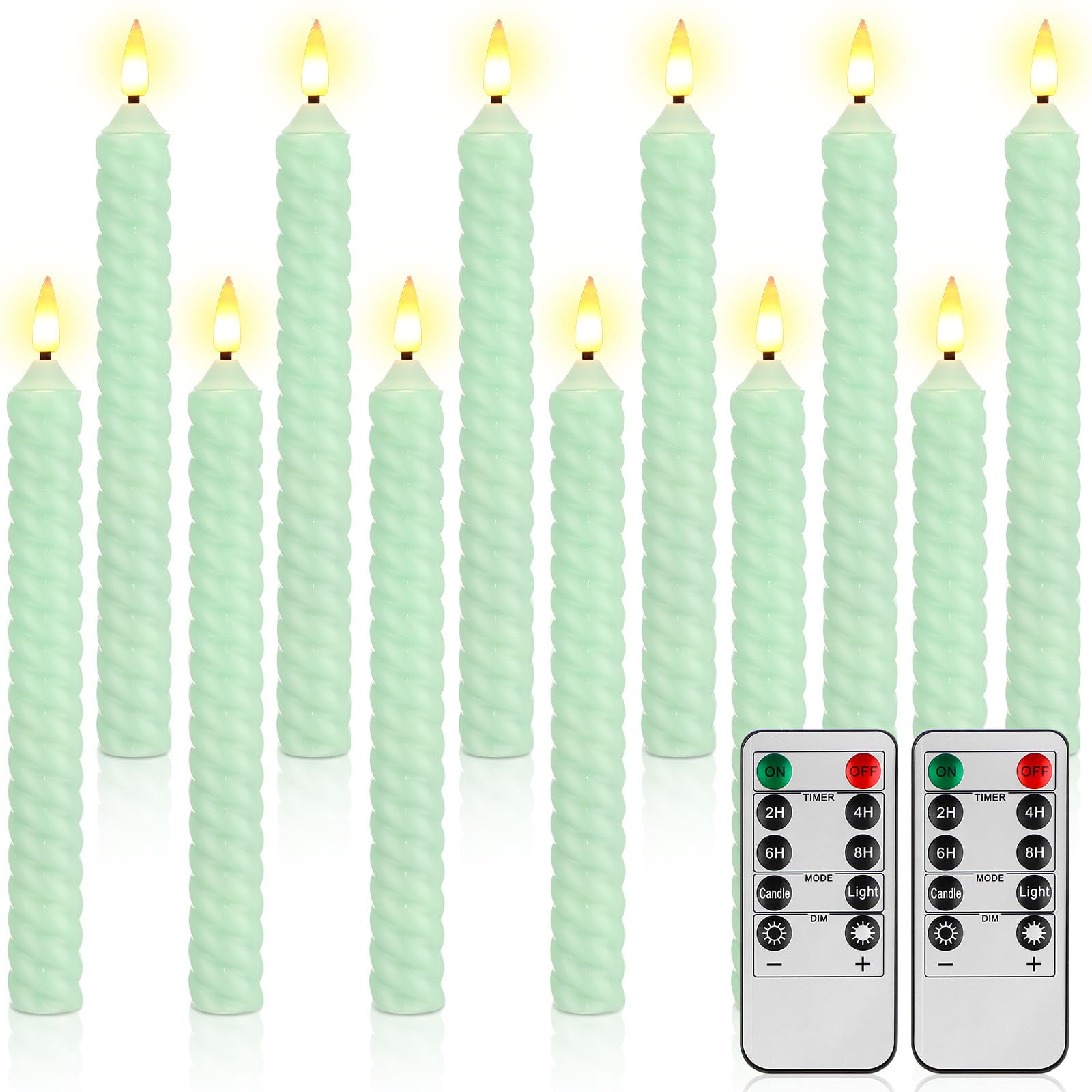 Photo 1 of 12 Pcs Green Candlestick Flameless Taper Candle with Remote Timer and Dimmer, Flickering LED Battery Operated Candlesticks, 9.8 Inch for Valentine Wedding Indoor Decoration