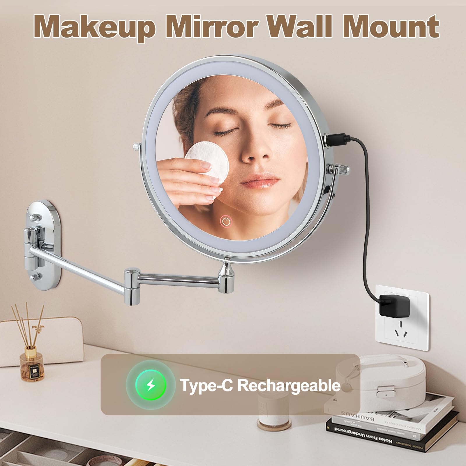 BTremary Miroir cosmétique mural 3000 mAh avec éclairage - Miroir grossissant de 20,3 cm avec mur lumineux - Miroir de maquillage à intensité variable - Écran tactile rotatif à 360° - Pour salle de