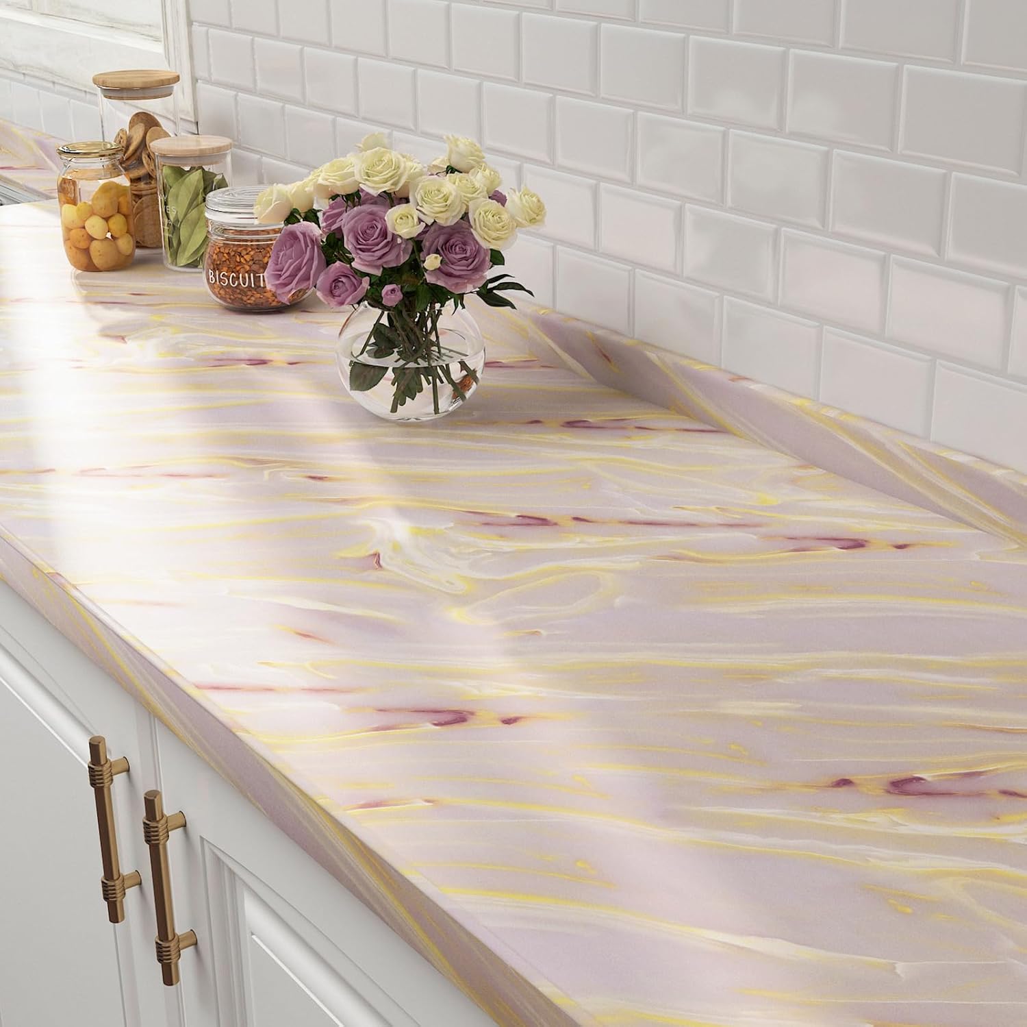 FunStick 24"x200" Matte Gold Pink Marble Contact Paper Peel and Stick Countertop Contact Paper for Kitchen Waterproof Marble Wallpaper for Bathroom Removable Wall Paper for Counter Top Table Walls