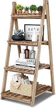 ECOMEX Ladder Shelf - Storage Organizer with Rustic Wood 4 Tier Shelves, Stylish and Functional Indoor Plant Stand and Bookshelf for for Living Room, Bedroom, Home Office, LaundryLight Brown