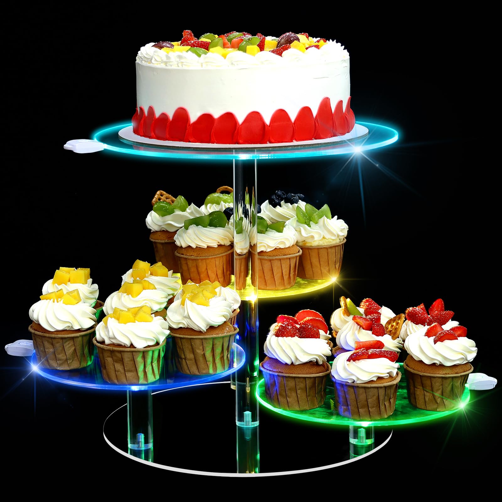 4 Tier LED Cupcake Stand,Clear Acrylic Cup Cake Stand Display Cupcake Tower Holder, Round Tiered Cupcake Dessert Display Stand for Birthday, Baby Shower, Wedding, Parties