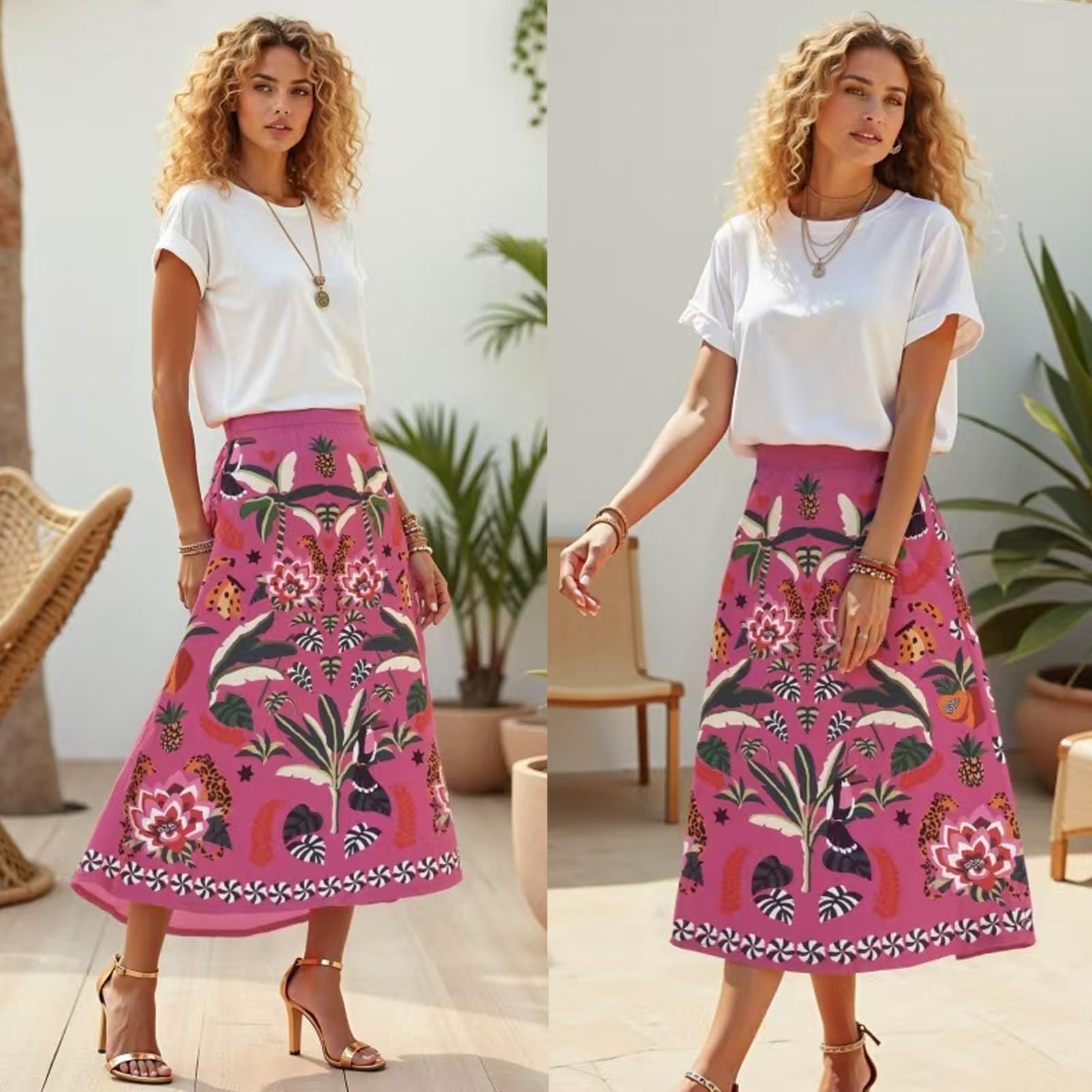 Gonna midi da donna in raso con stampa tropicale floreale con cerniera a trapezio primavera estate boho gonna da viaggio, Rosso rosato, XX-Large