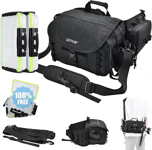 Goture Bolsa de aparejos de pesca, bolsa de pesca, bolsa de almacenamiento de pesca impermeable con 2 cajas de aparejos, bolsa de hombro para agua
