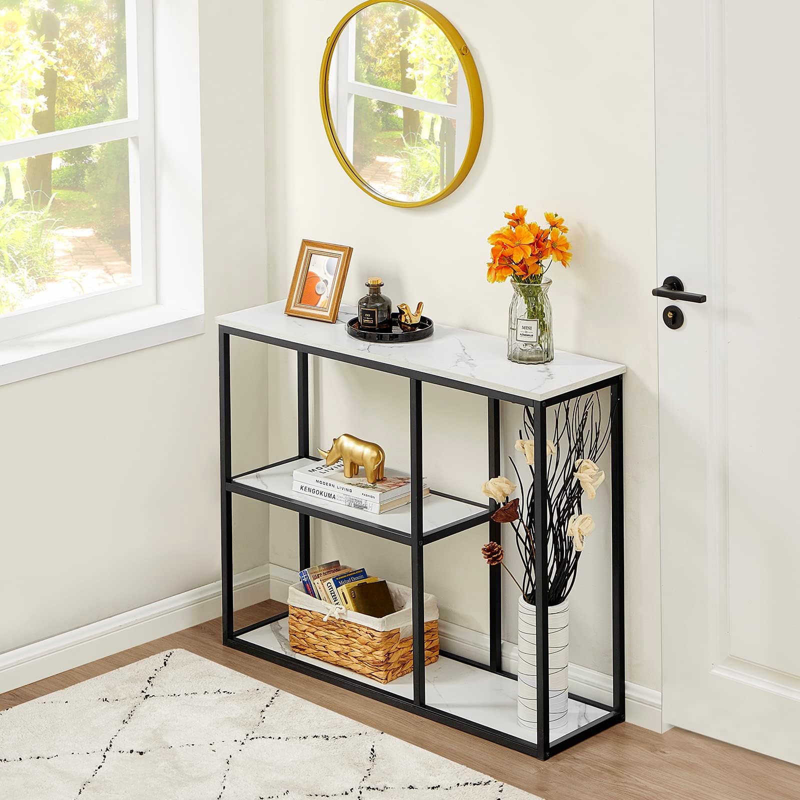 WOHOMO Console Table 30cm Narrow Entryway Table for Living Room 80cm Modern Industrial Sofa Table with 3-Tier Storage Shelves for Corridor, Hallway, White Marble