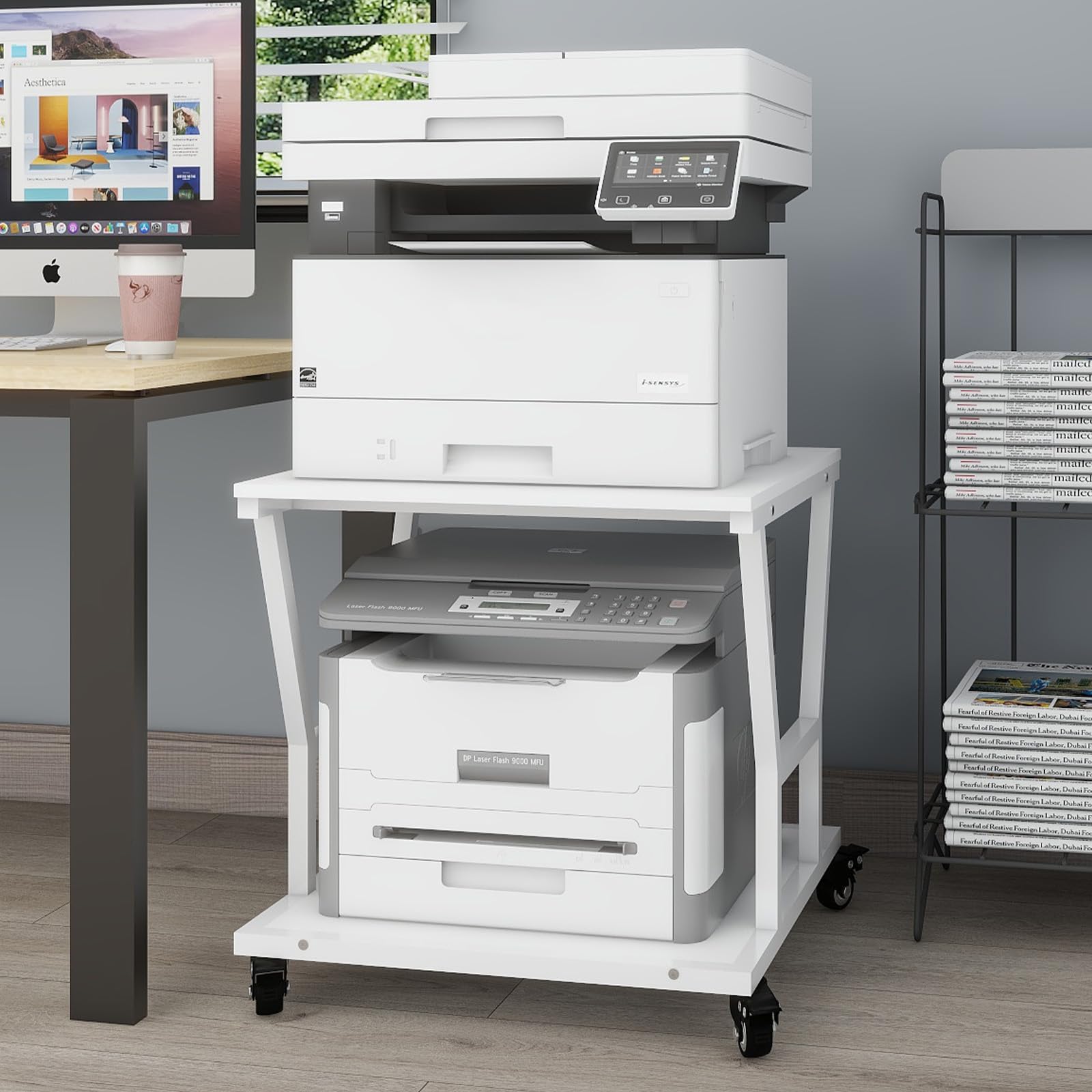 PUNCIA Supporto per Stampante a 2 Livelli Mobile Comodini 50x50x60CM Carrello Porta Tavolino di Stoccaggio con Ruote Scaffale Porta Stampante Sotto Scrivania in Legno per Ufficio e Casa (Bianco)