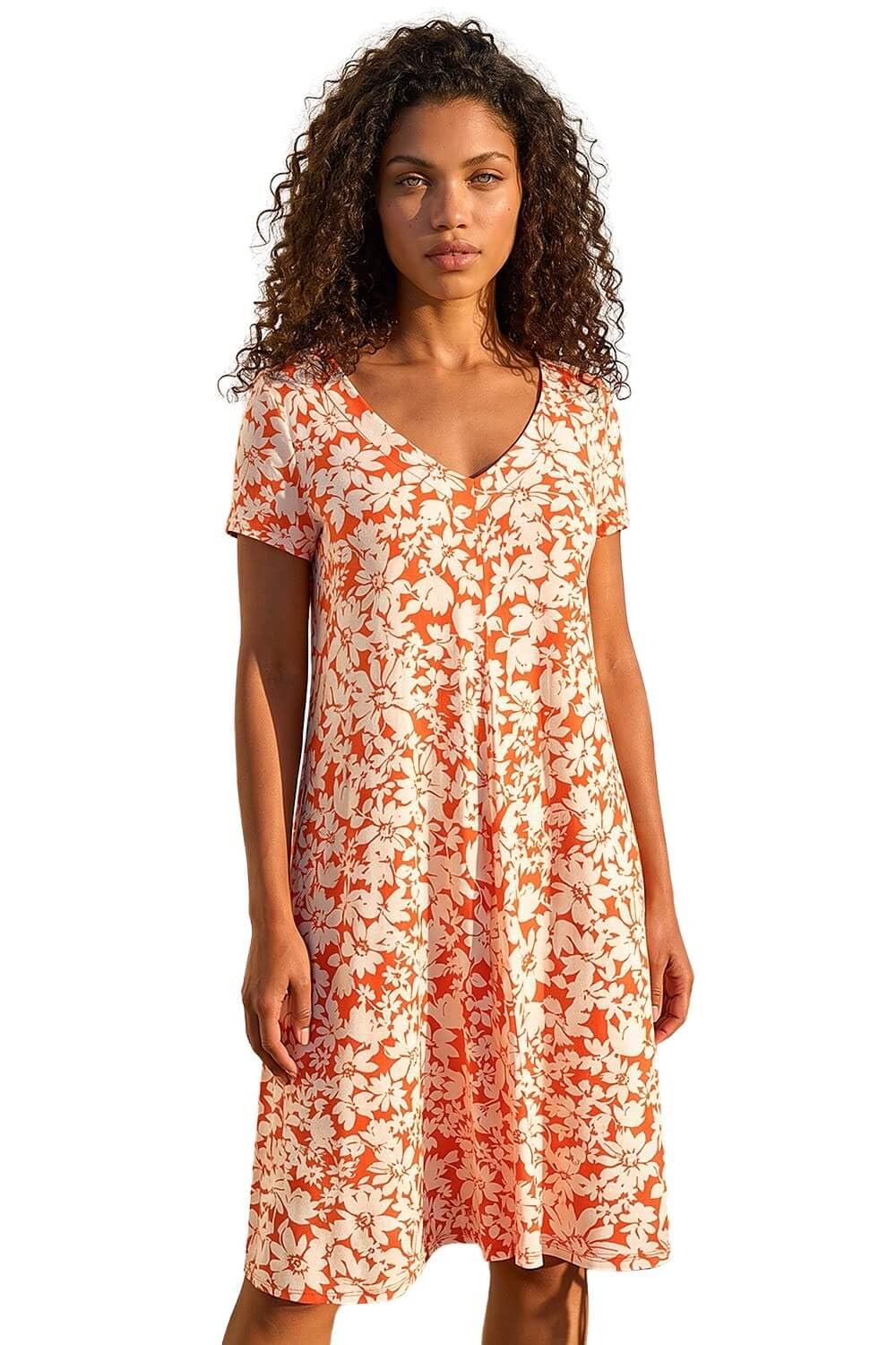 Roman Petite Women's Orange Floral Print Swing Pocket Dress Size 18