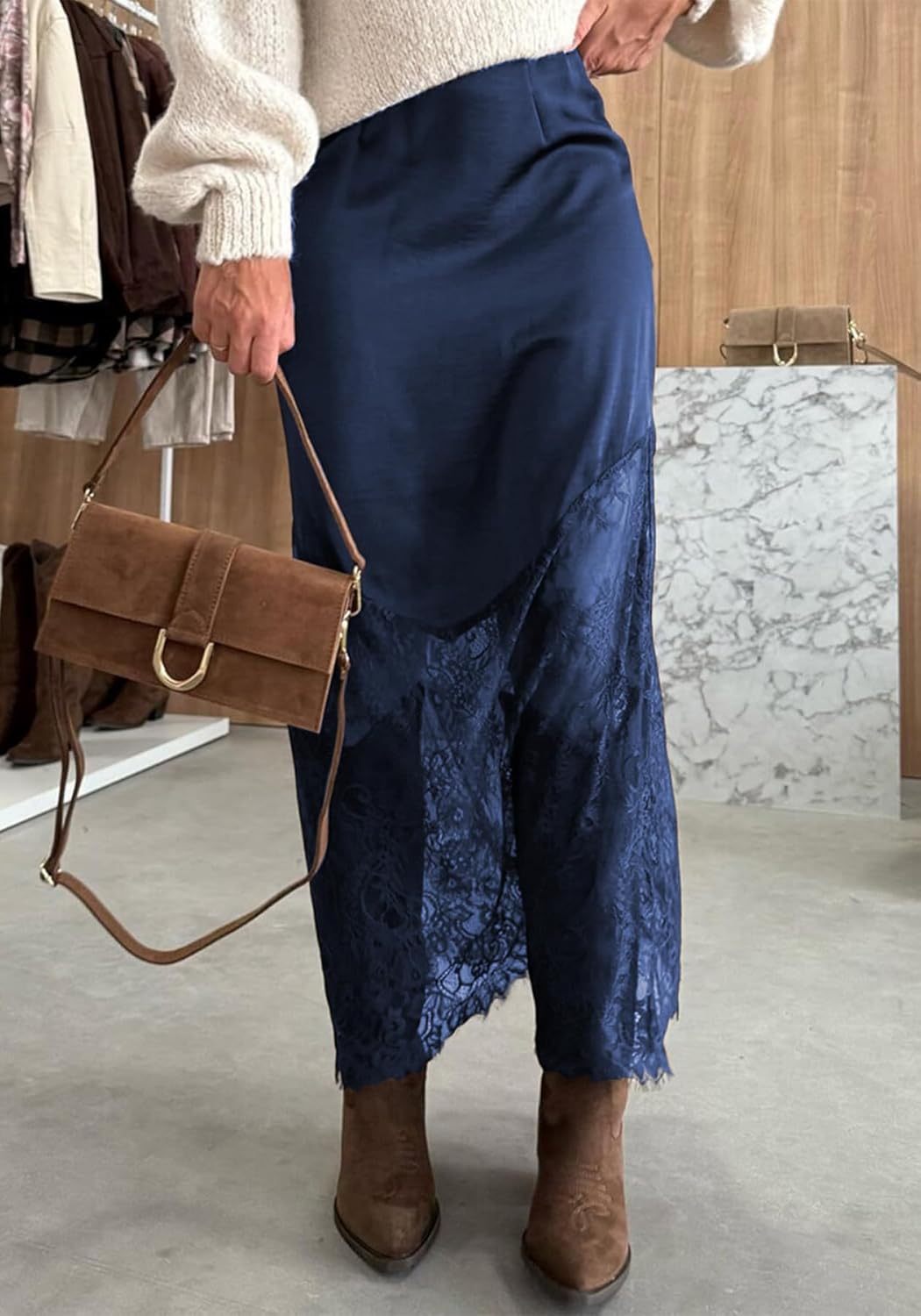 LETSVDO Women's Long Lace Skirts Satin Silky Elastic Waist Sheer Patchwork A Line Boho Maxi Skirt Going Out Party Skirt - Image 3