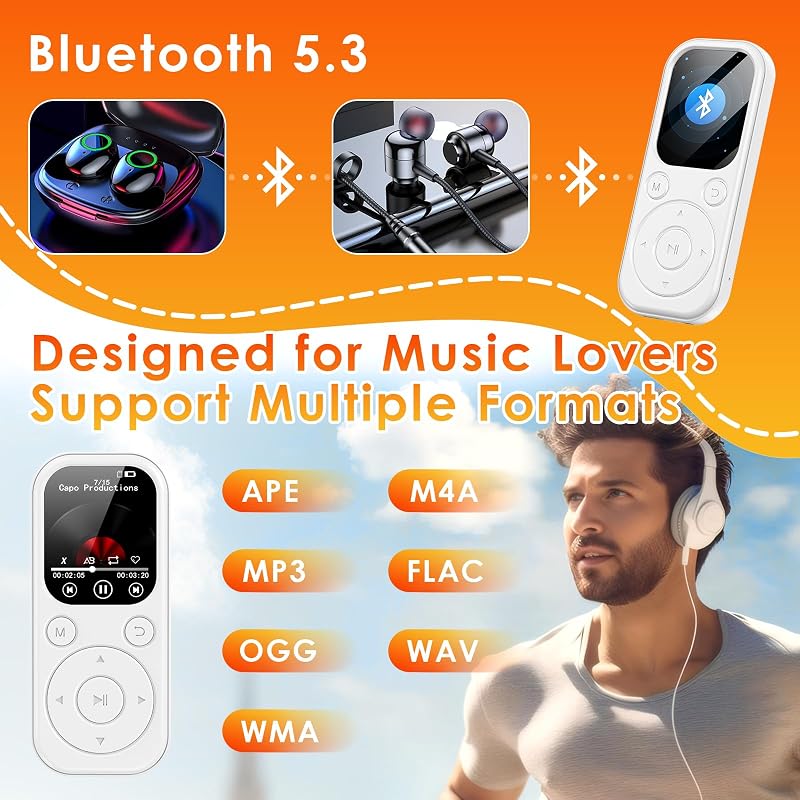 Player MP3 Gueray Bluetooth 64 GB, audiobooks, alb, radio FM, înregistrare, alarmă, video, e-book, imagini, extensibil prin TF până la 128 GB
