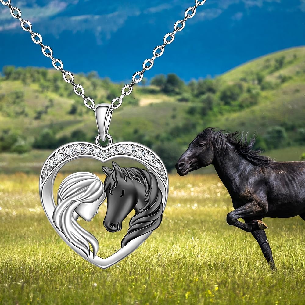 Fenthring Horse Necklace for Women 925 Sterling Silver Black Horse Pendant Necklace Horses Gifts Heart Mothers Day Equestrian - Image 5