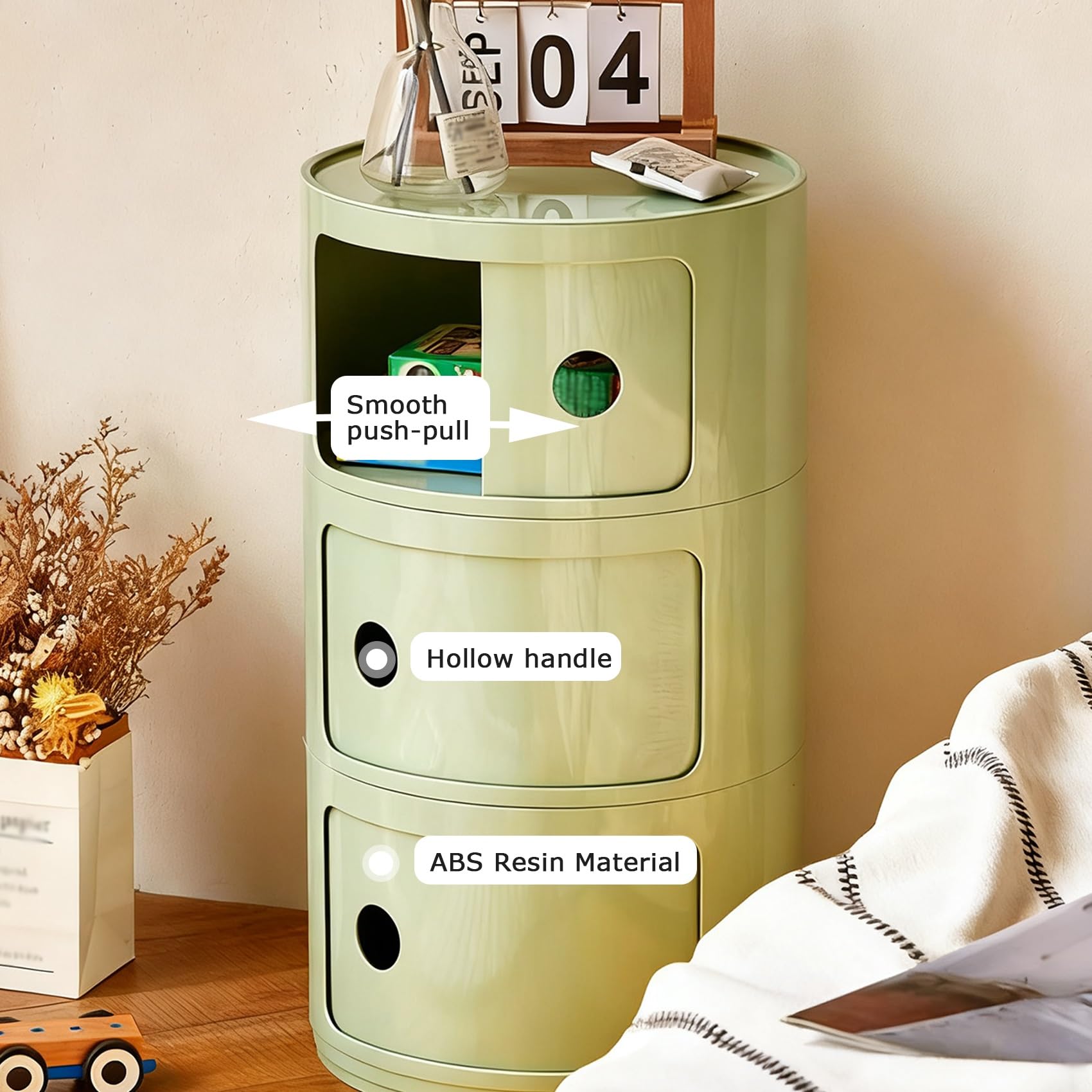 Tables de Chevet pour Adulte Ronde avec Tiroirs, Table D'Appoint Porte Coulissante, Petit Meuble Salle de Bain Salon avec Rangement, Armoire Chambre Enfant(Green,2 Tier)