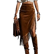 TANGNADE Fringe Skirts for Women - High Waisted Asymmetrical Slit Suede Midi Skirt Western Tassel Dress Cowgirl Outfits