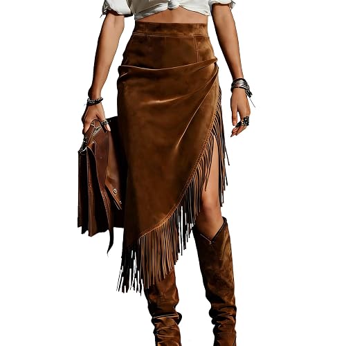 Fringe Suede Maxi Skirt for Women Western Tassel Asymmetric Skirt