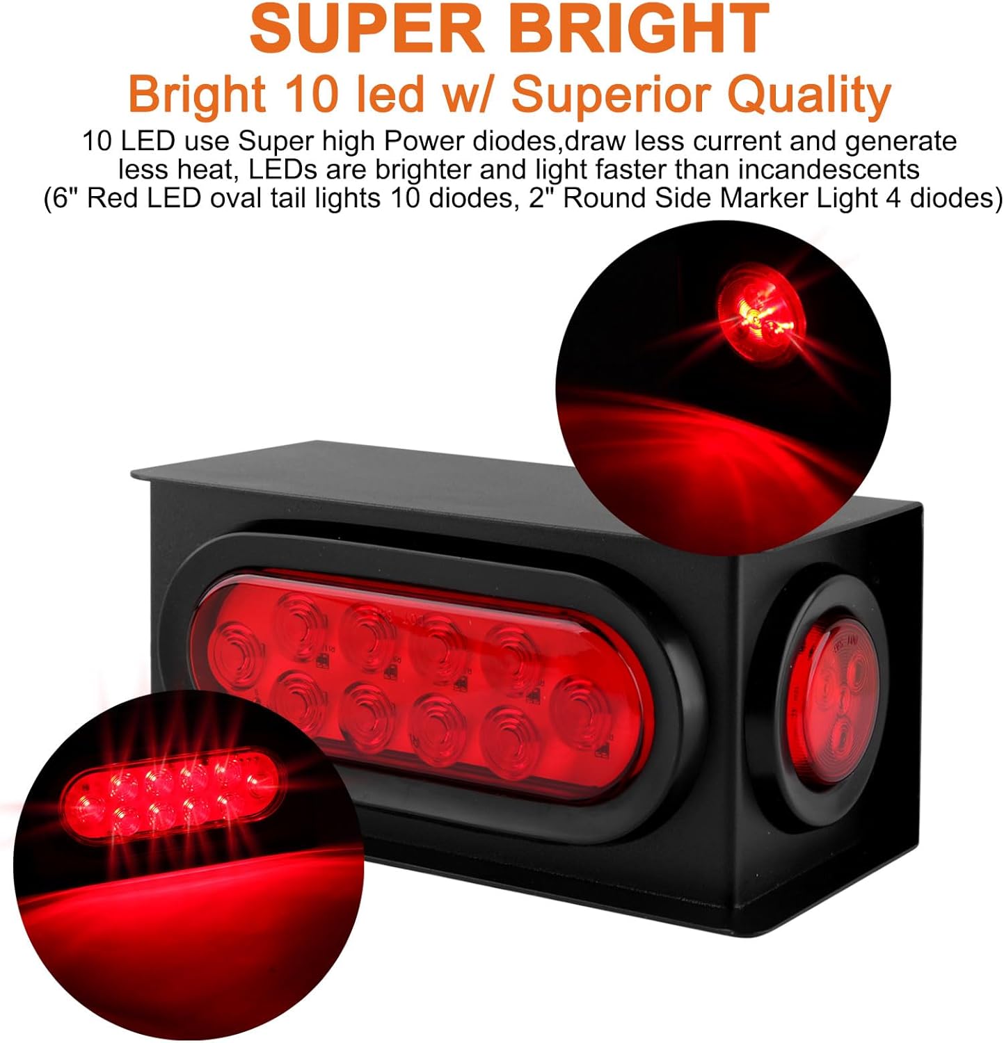 2Pcs Steel Trailer Light Box Housing Kit w/6" Inch Oval Led Trailer Tail Lights Red 10 LED And 2" Inch Round Led Side Markers Clearance Lamps Red 4 Led w/Grommets And Wire Connectors