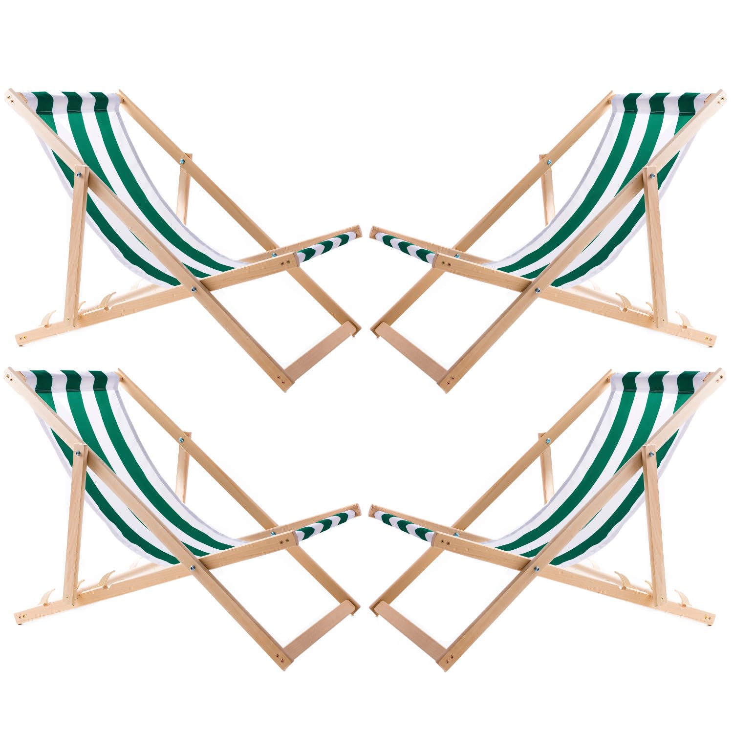Set di 4 sedie a sdraio in legno di faggio, pieghevoli, per giardino, spiaggia, balcone e terrazza, schienale regolabile, tessuto resistente alle intemperie, fino a 120 kg (Strisce verdi)