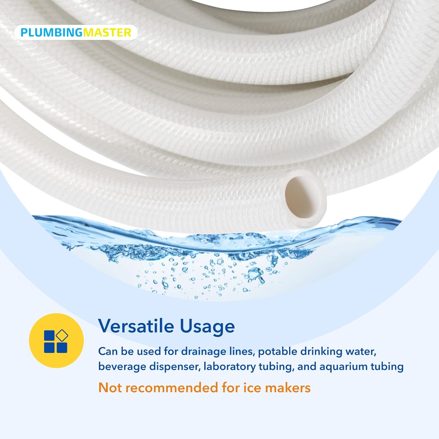 25ft 1/2''ID×3/4''OD Milky White Braided PVC Hose, Reinforced High Pressure Water Tubing, Flexible Vinyl Pipe for Industrial & Home Use, Includes 2 Stainless Clamps
