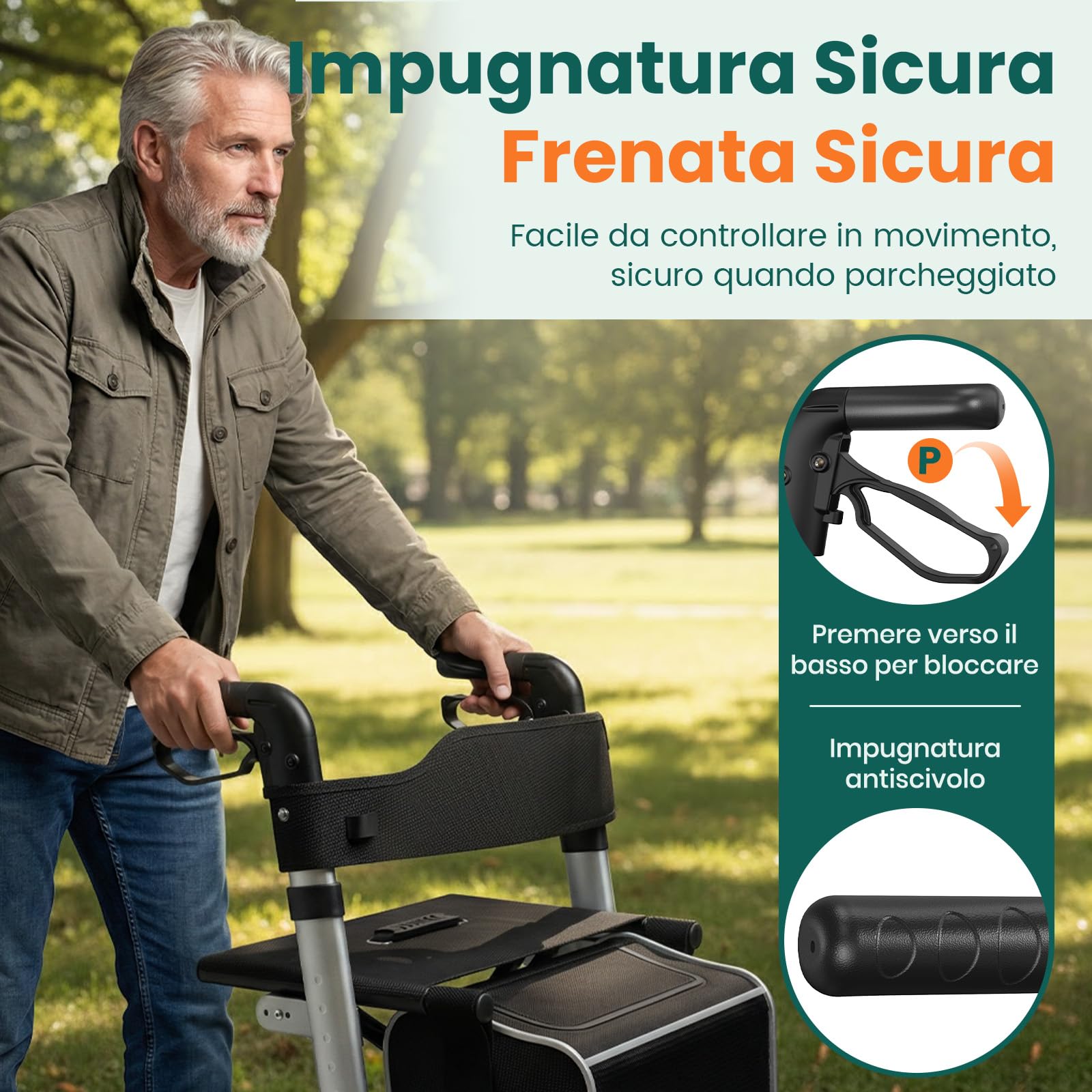 Rollator con seduta, Rollator a 4 ruote pieghevole per adulti, Portata fino a 136 kg, Sistema di doppio freno, Ruote da 8"", 6 livelli di altezza regolabile, Borsa rimovibile & Schienale – Argento
