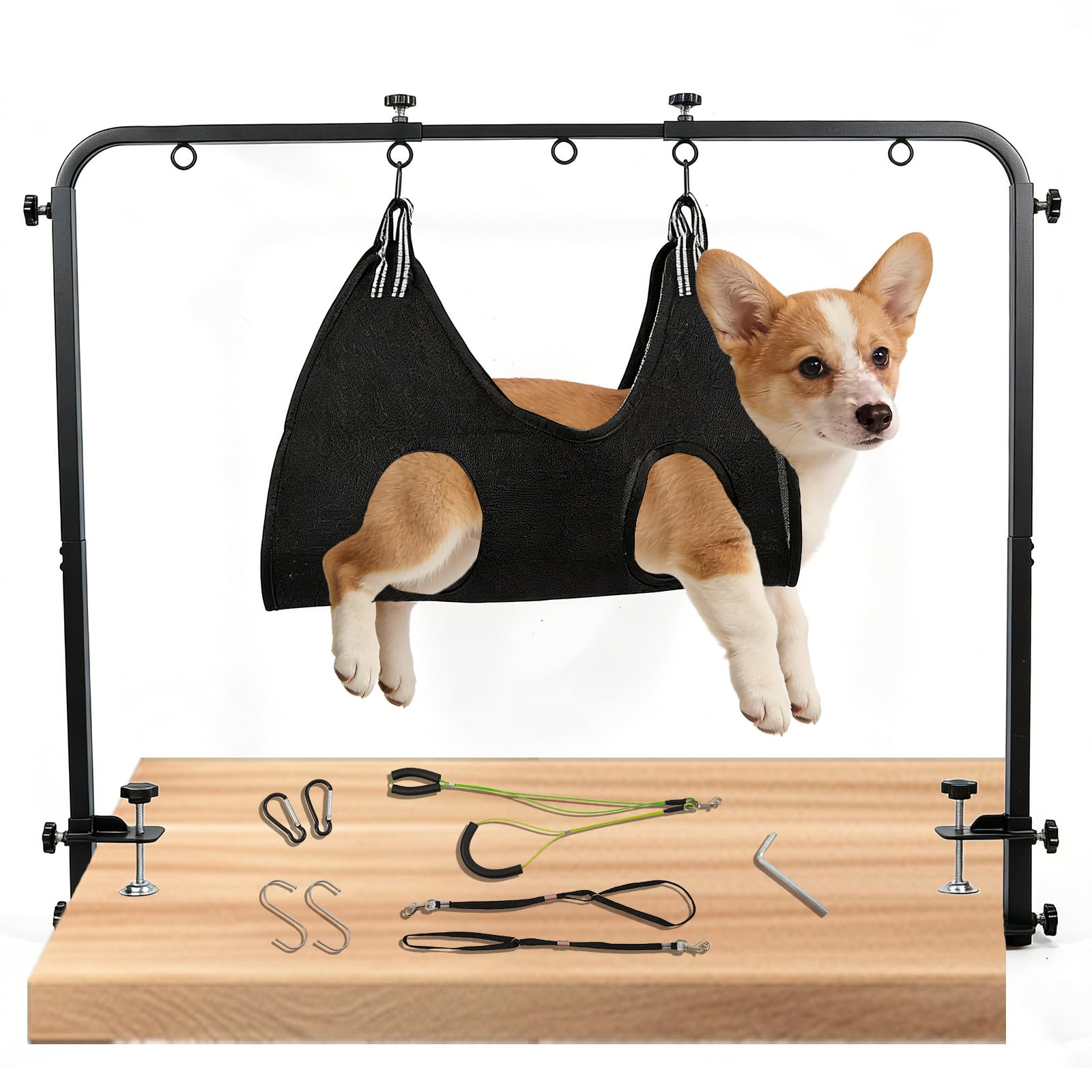 SpaceTime Dog Grooming Table Arm with Clamps,Adjustable 20"-42" Height &amp; 27"-39" Width,Dog Grooming Arm with Hammock and 2 No-Sit Holders,Pet Groomers Helper Loop Restraint Station for All Dogs