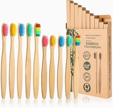 10 Pcs Bamboo Toothbrushes Family Pack, Medium Bristles | Eco- Friendly | Biodegradable & BPA Free Organic Wooden Toothbrushes for Adult and Kids