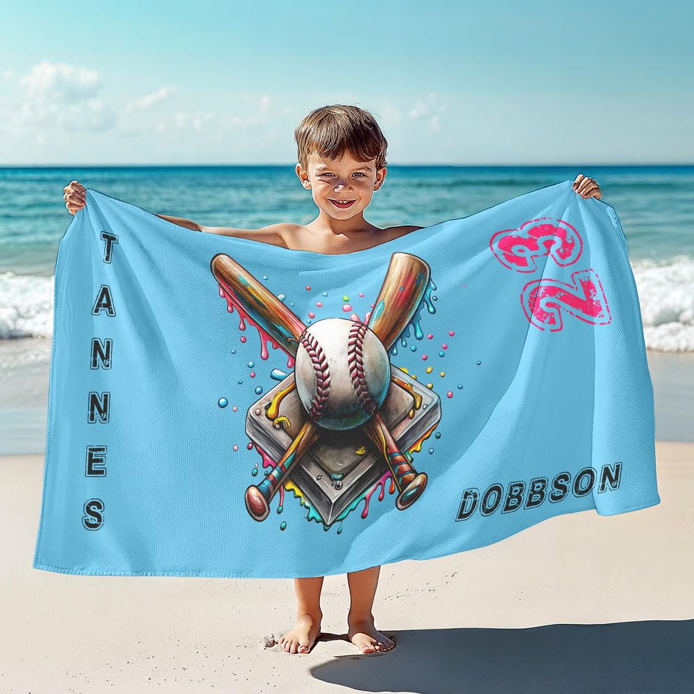Personalized Kids Beach Towels - Custom Name Pool Towels, Baseball Design, Quick Dry Cotton Microfiber, 30x56 Inches