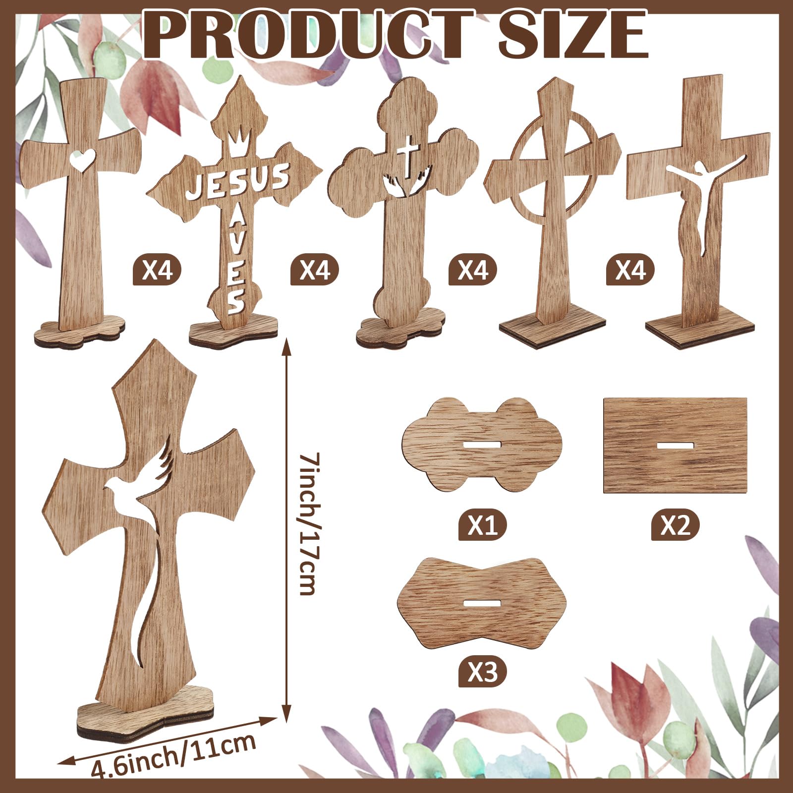 Yuntau 24 Pcs Wooden Crosses Baptism Crafts Centerpieces for Tables Wood Catholic Standing Cross with Bases for Communion Decor Home Tables Decoration Gift, 6 Styles, 6.7 x 4.3 Inch (Brown)