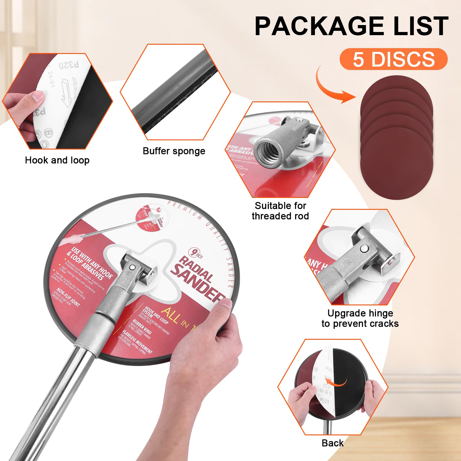 9 Inch Sander Radial Sander Drywall Pole Sander Kit - 9 Inch With Extension Pole & 5 ...