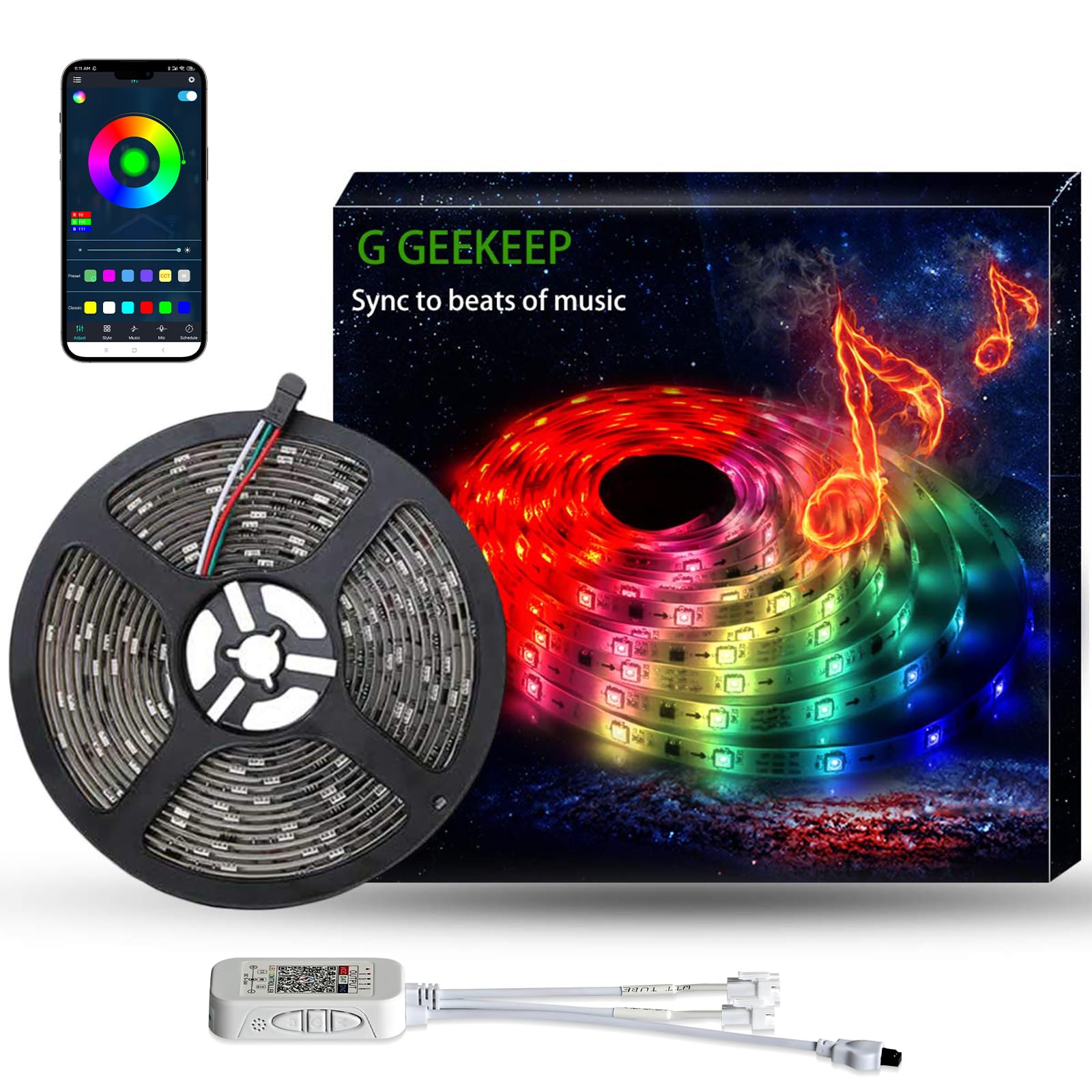 Upgrade Smart RGB Music Sync Multiple Colors Chasing 16.4ft neon Led Strip Lights Cuttable and Linkable, Flexible Outdoor Led Strip Lights Waterproof, APP Control led lights strip Whiteboard