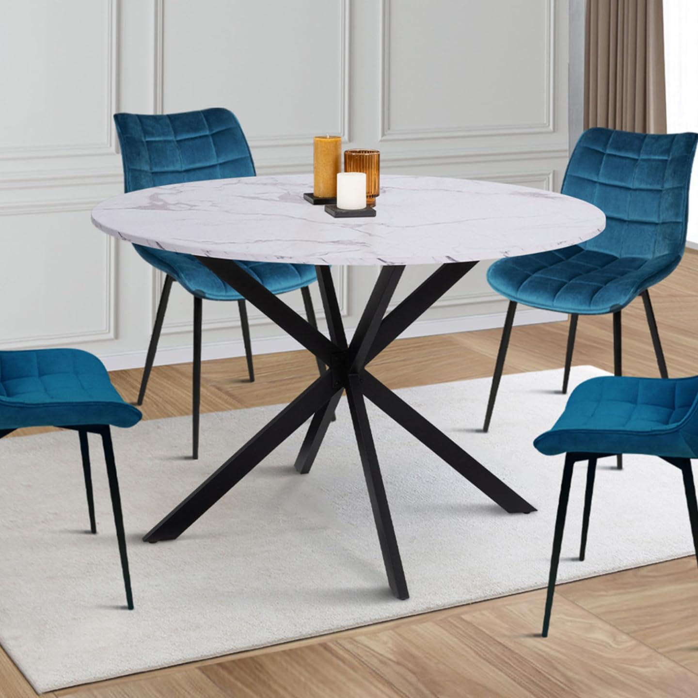 IDMarket - Tavolo da pranzo rotondo per 4-6 persone ALASKA con effetto marmo bianco e gamba a ragno in metallo 110 cm