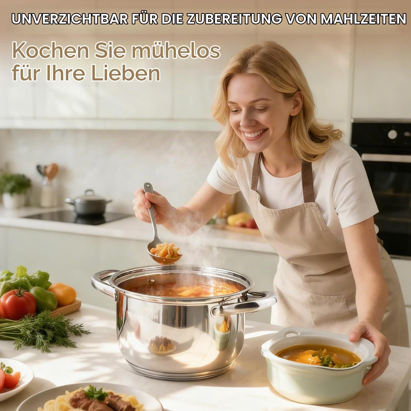 topfset induktion Edelstahl topfset pfannenset 15-teilig antihaftbeschichtet 1 Pfanne 5 Töpfe 6 Deckel 3 Küchenutensilien mit kühlhaltendem Griff Induktions- und Backofenfest Silber