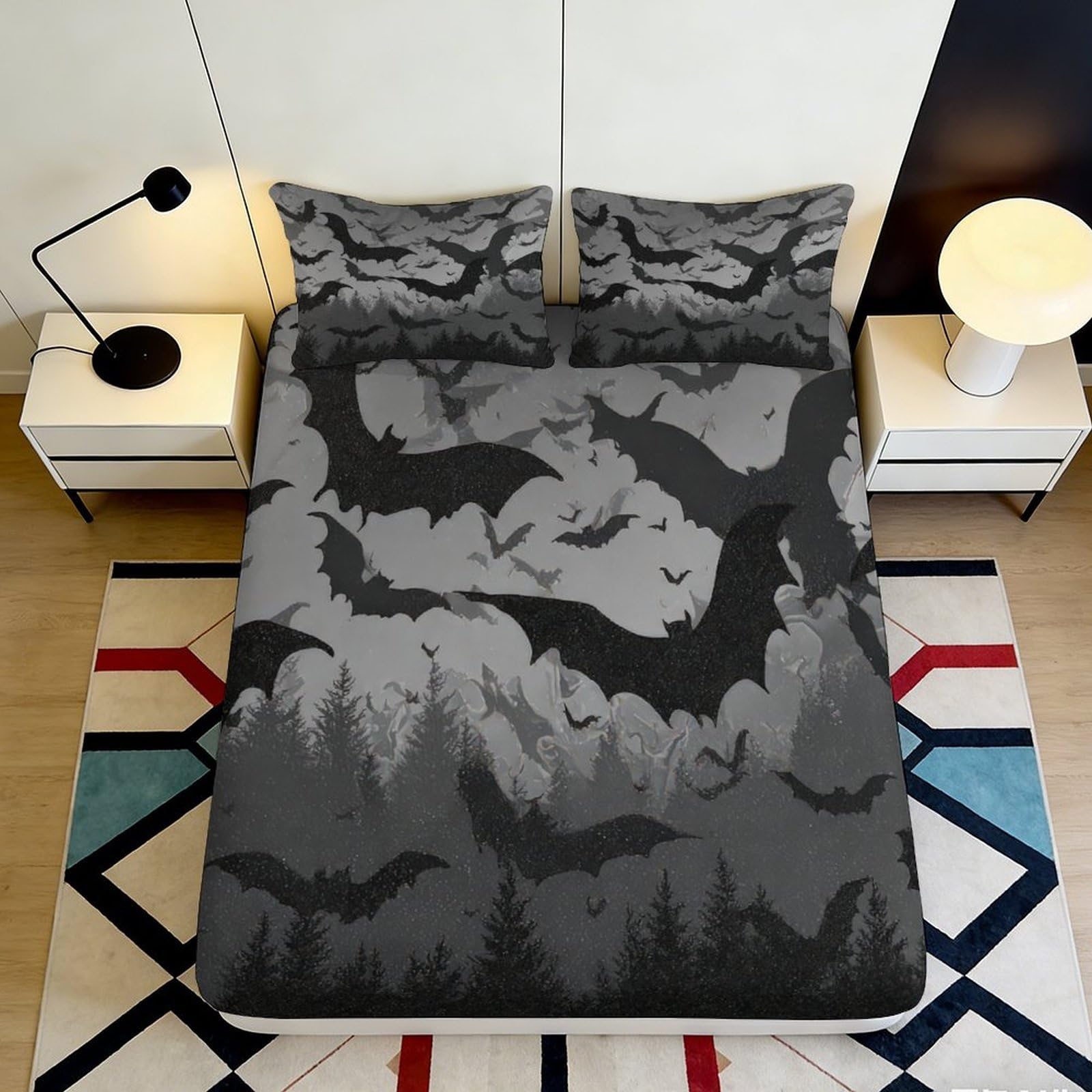3D Printed Bat Pattern Fitted Sheet Microfiber Soft Durable Grey Bat Cloud Bed Cover for Bedroom Dormitory Guest Room Mattress Protection 180x200x25cm