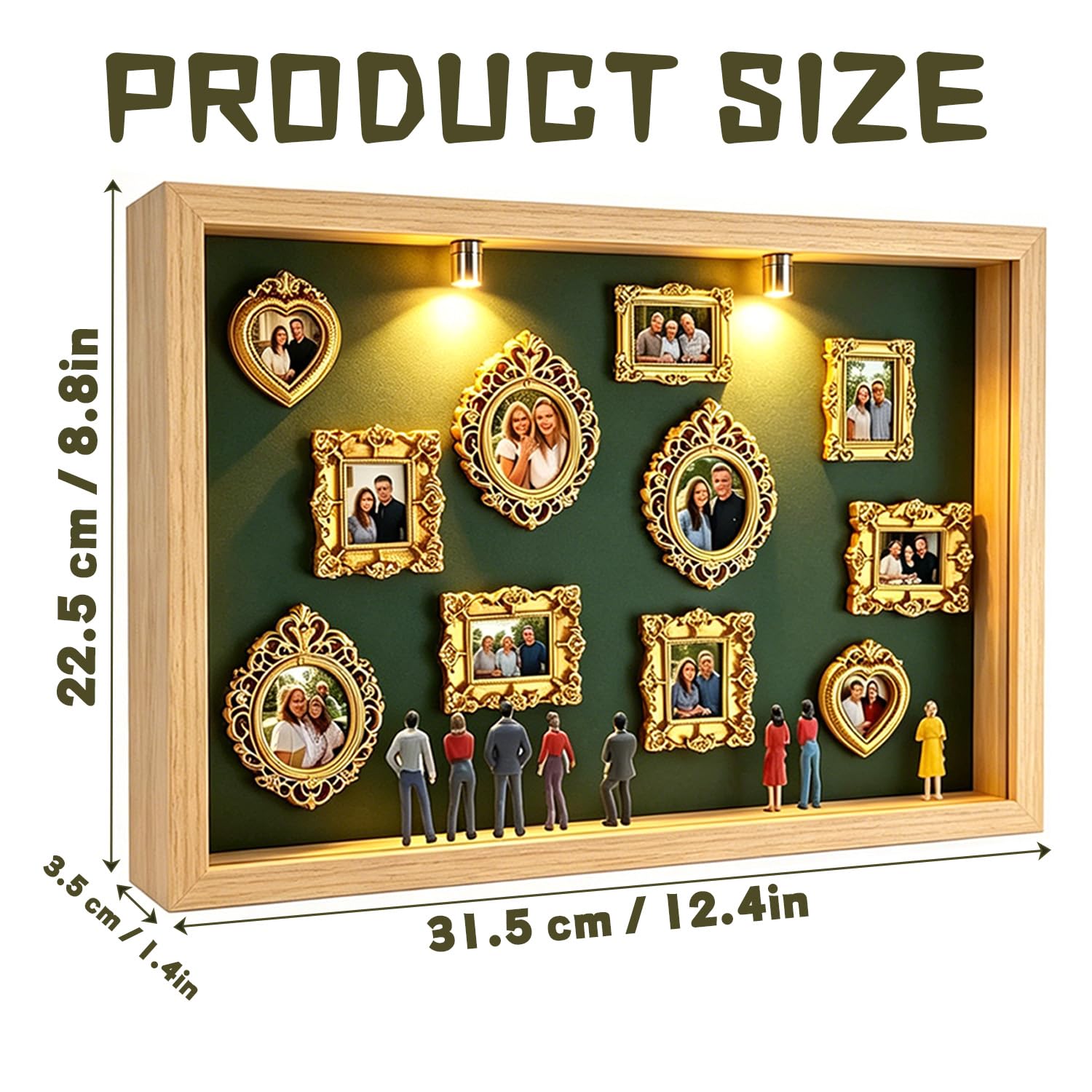 Mini Museum Silhouette Box, Neu Kreatives Bilderrahmen DIY mit LED Licht, Erinnerungsdisplay Kit mit 11 Mini Goldene Rahmen 8 Zufällige Figuren Set, Jahrestag Geschenke Ideen (Naturholzrahmen, grün)